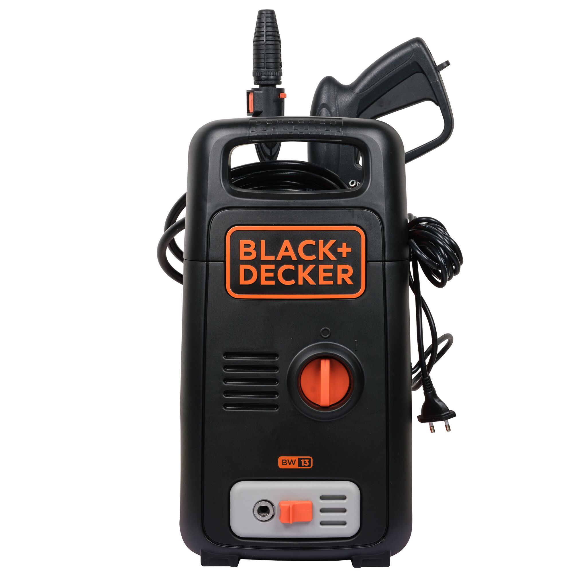 BLACK+DECKER BW13 black and orange pressure washer front angle on white background.
