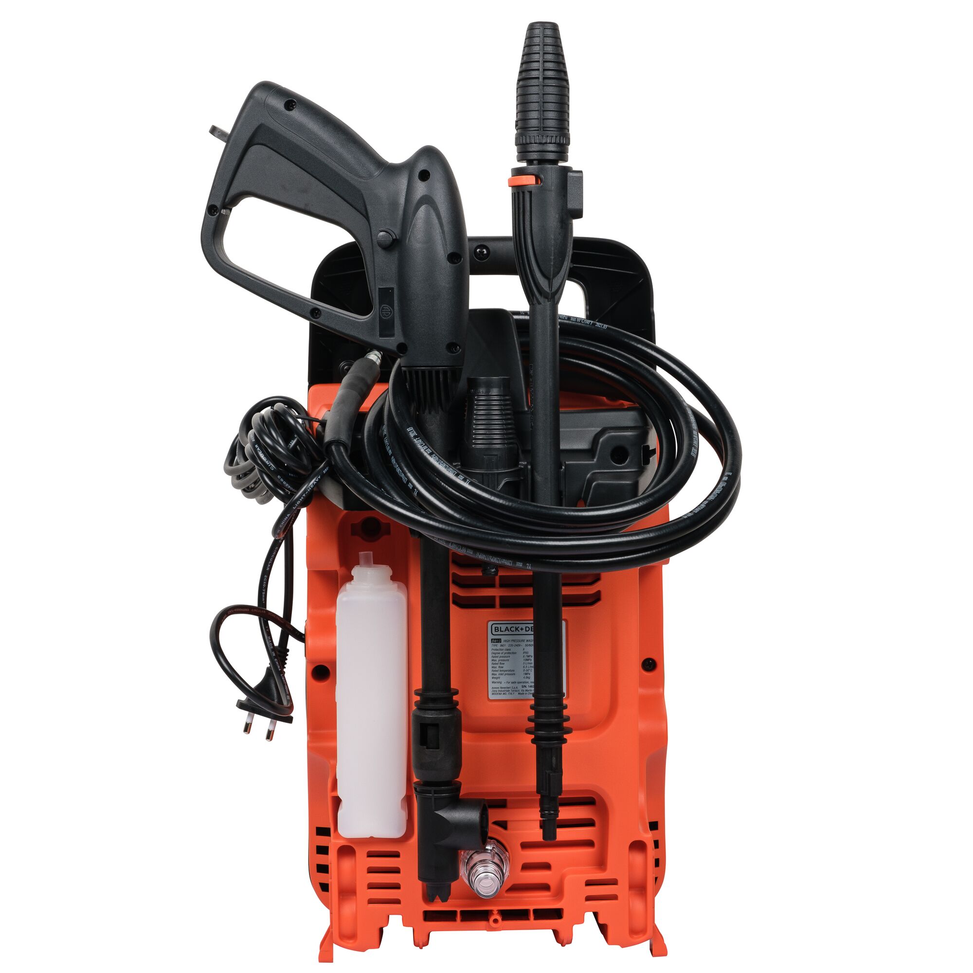 BLACKDECKER BW13 pressure washer rear view, orange and black body with hose, handle, and accessories attached.