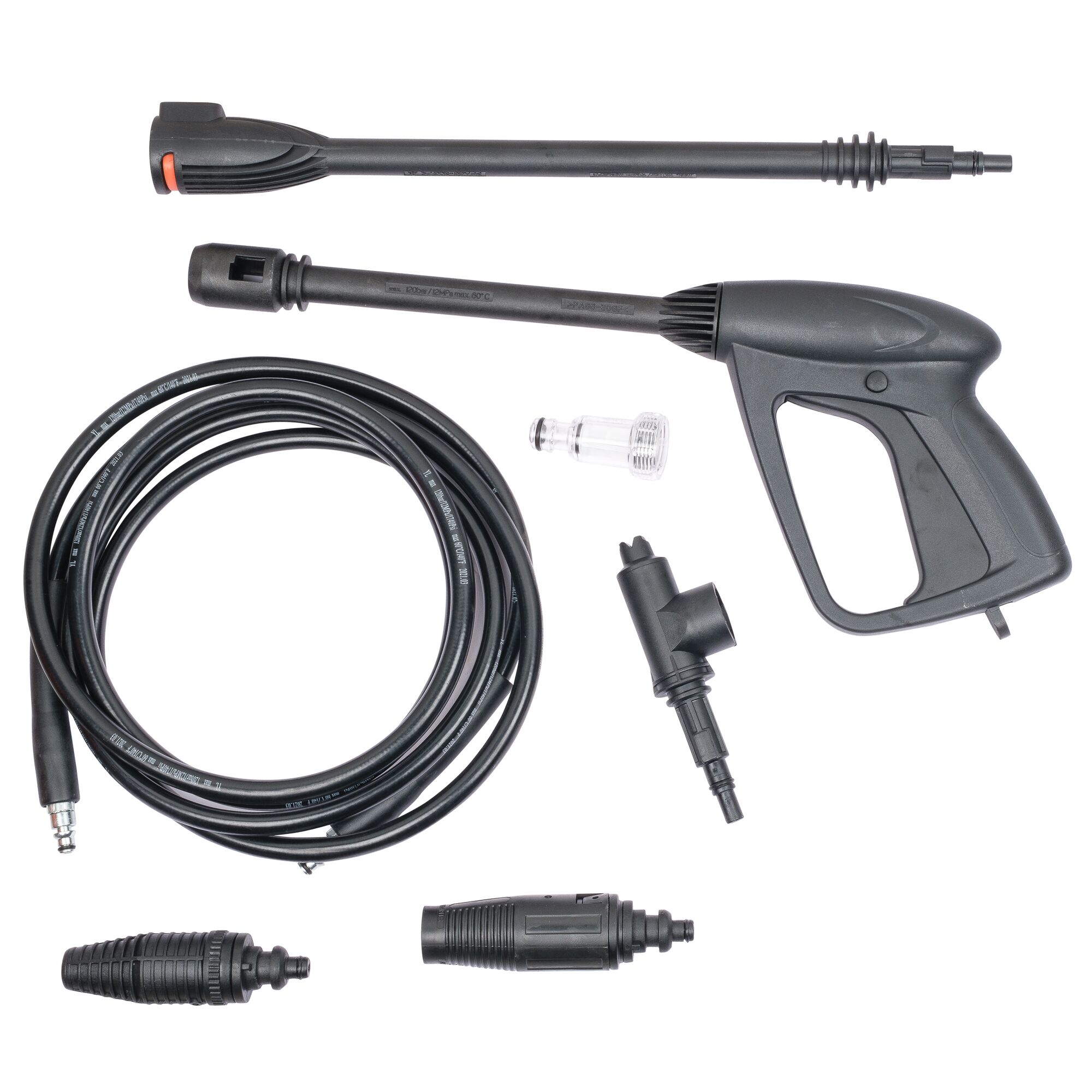 BLACKDECKER BW13 photography of black pressure washer accessories set on white background.