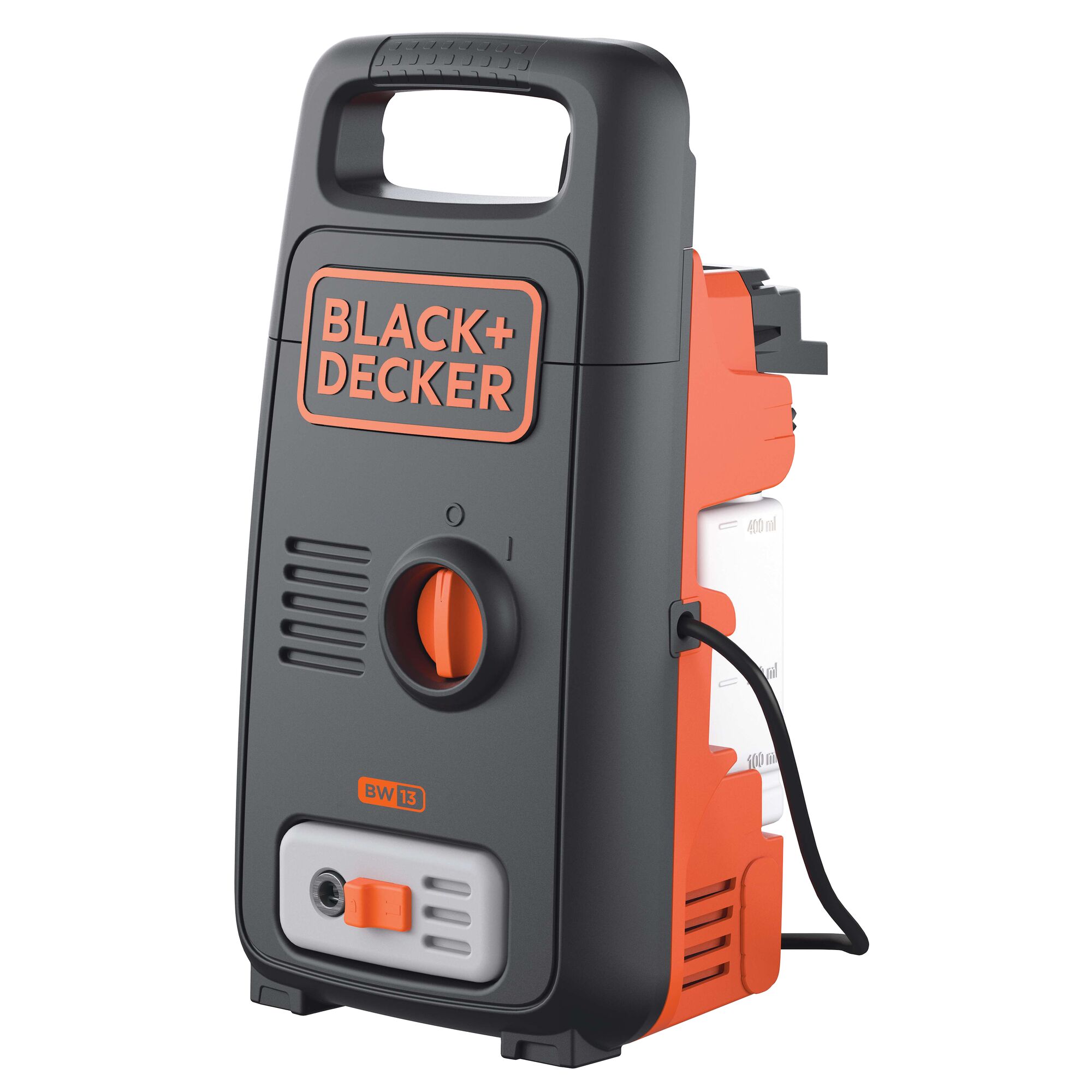 BLACKDECKER BW13 portable pressure washer, black and orange, front angle on white background.