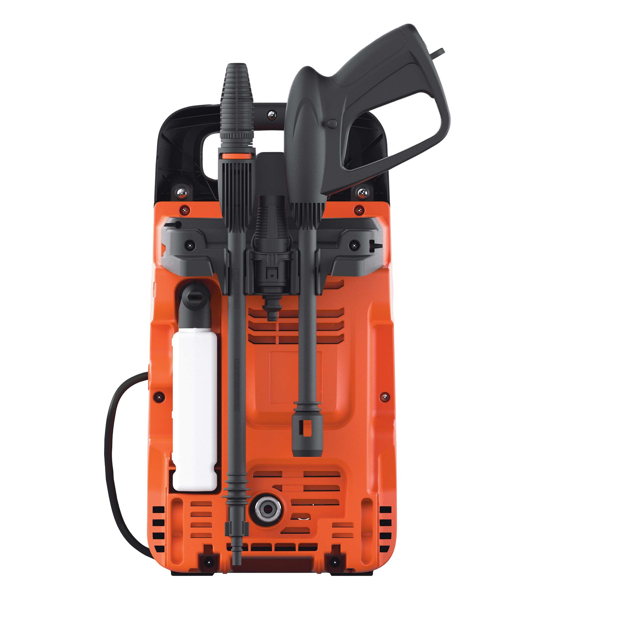 BLACKDECKER BW13 pressure washer front angle, orange body, black handle and attachments on white background.