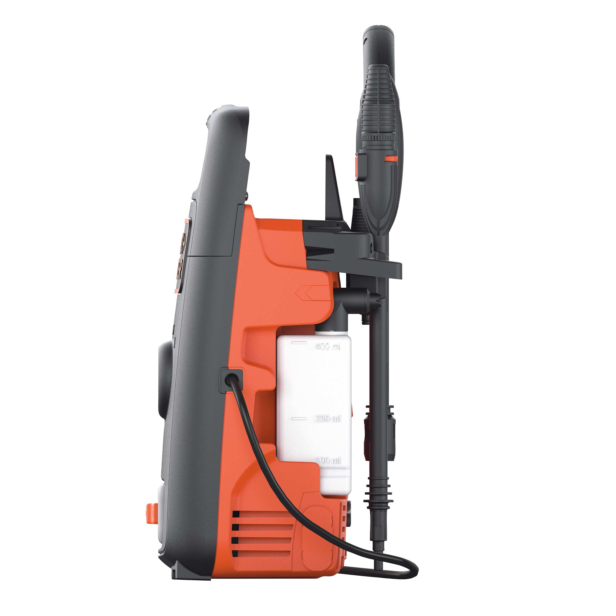 BLACKDECKER BW13 pressure washer side view, orange and black body, attached spray wand and detergent bottle.
