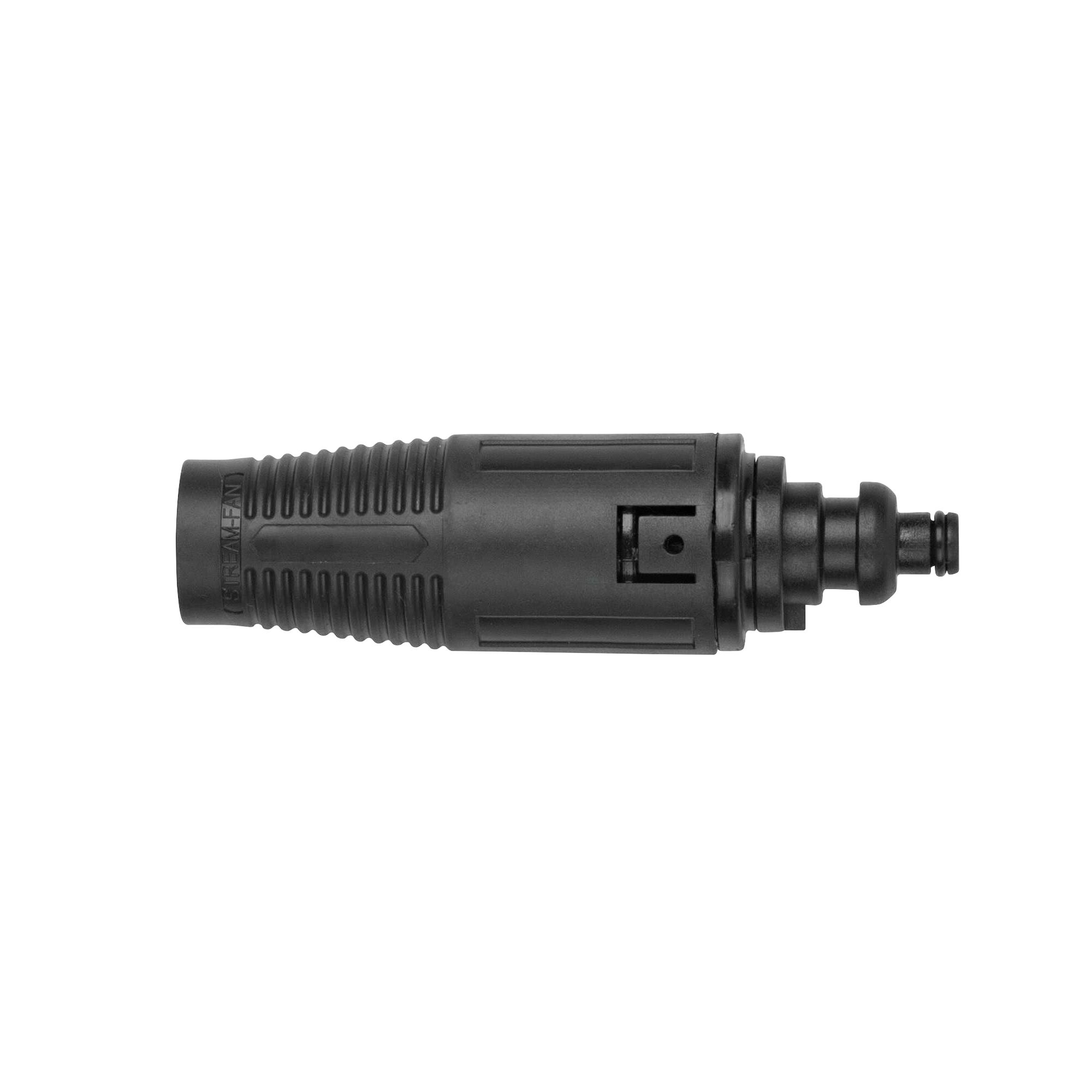 BLACKDECKER BW13 black plastic hose connector, side view, photography on white background.