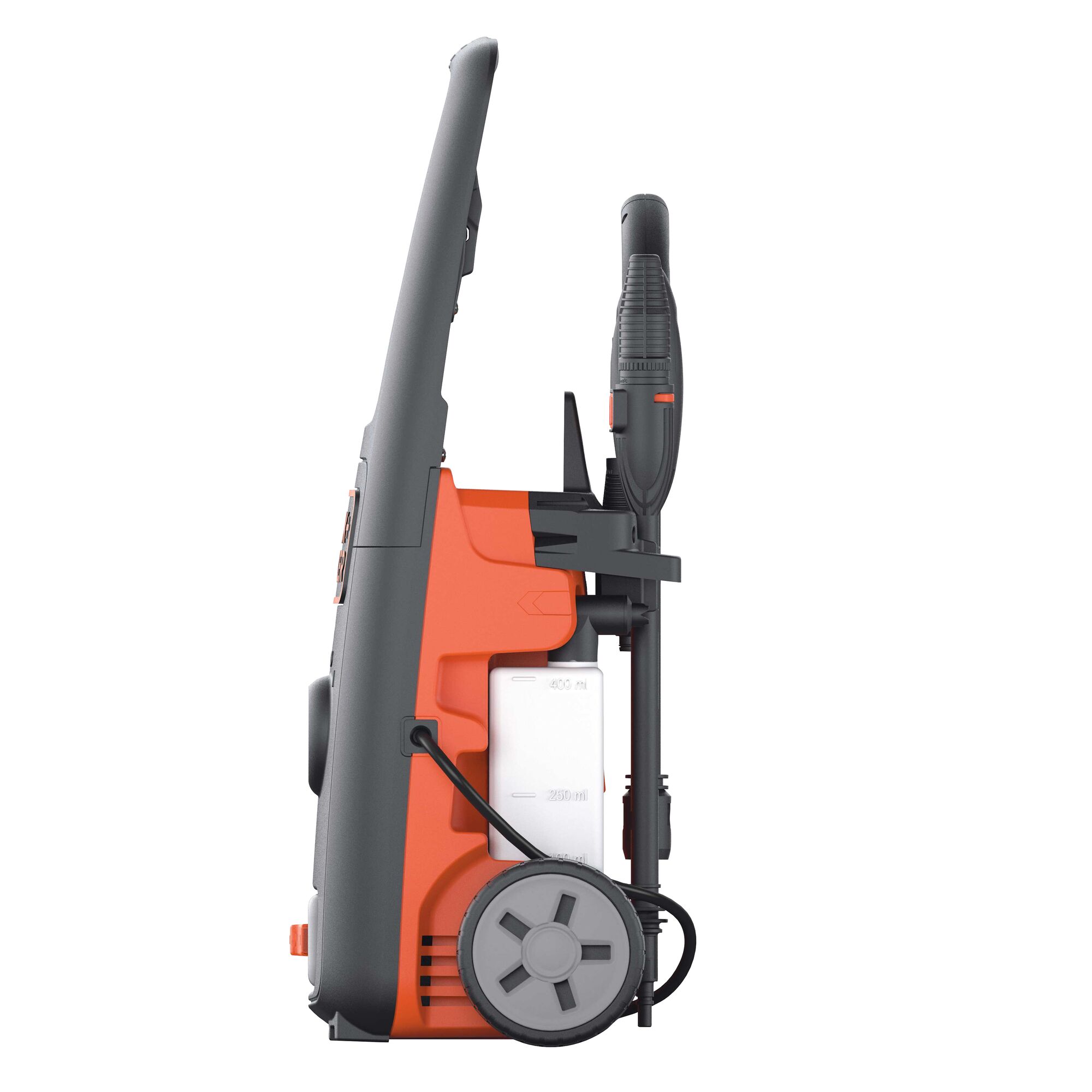BLACKDECKER BW14 pressure washer side angle, orange and black design with large wheel and attached spray wand.