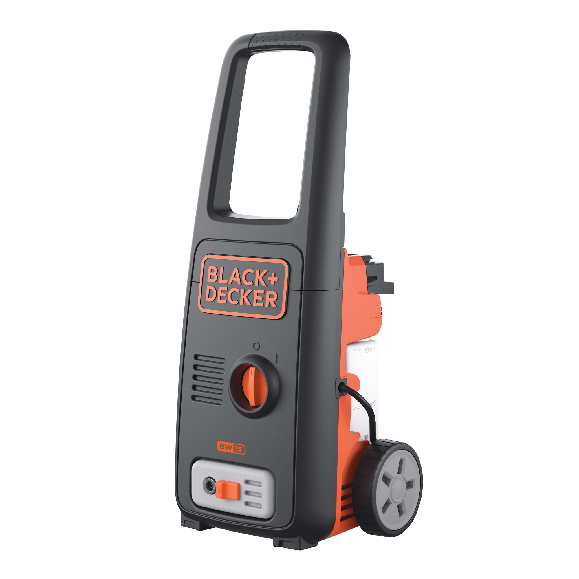 BLACK+DECKER BW15 pressure washer front angle, black and orange design, wheels visible.