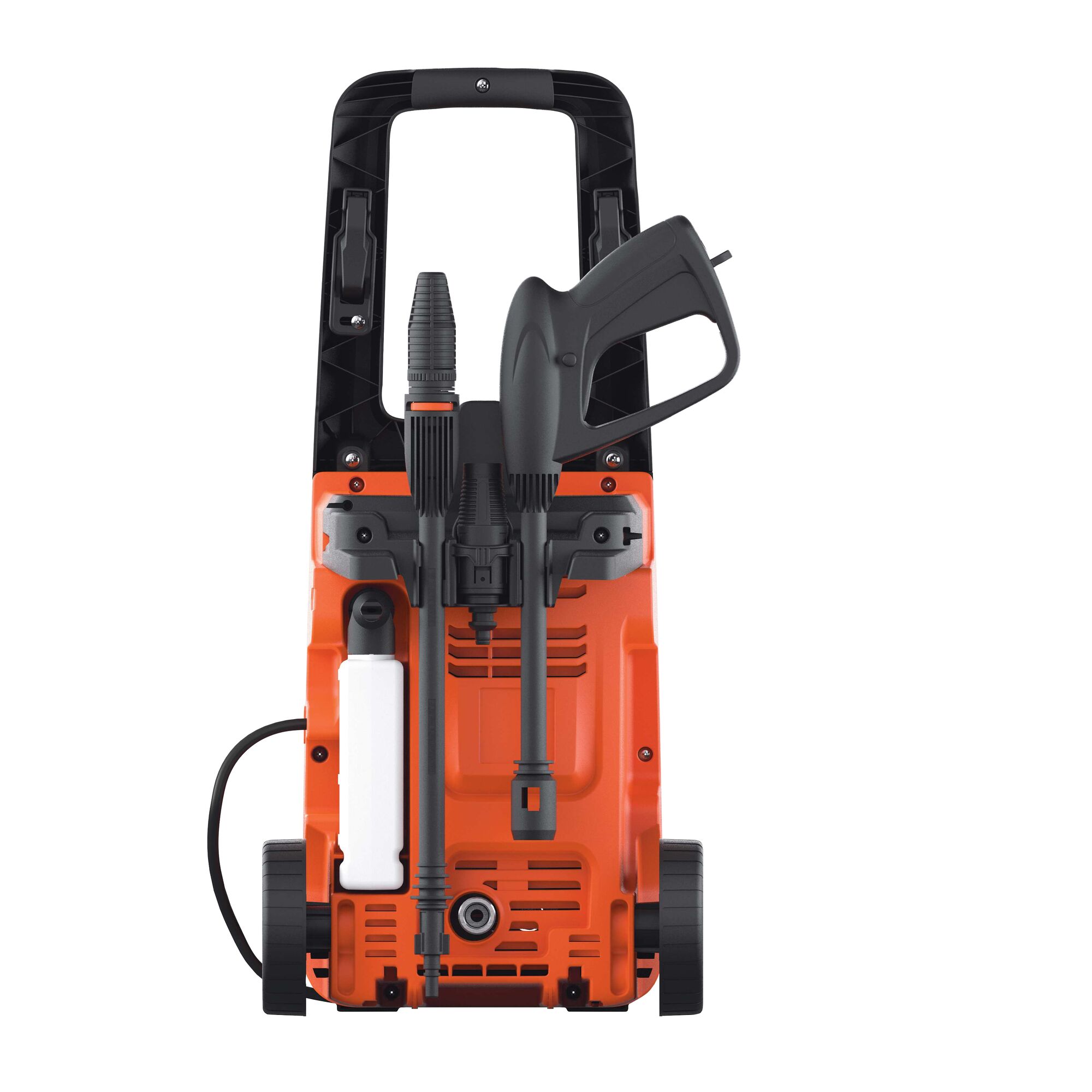 BLACKDECKER BW15 pressure washer rear view with black handle, lance, wheels, and orange body.