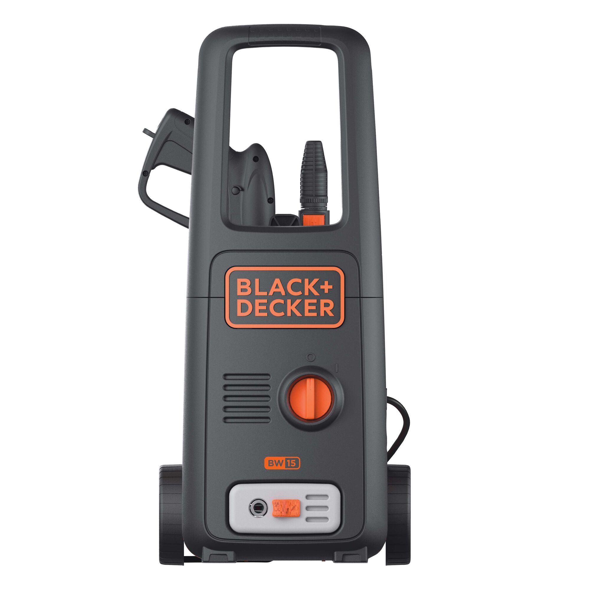 Front angle photo of BLACK+DECKER BW15 pressure washer in black and orange with visible control knob and handle.