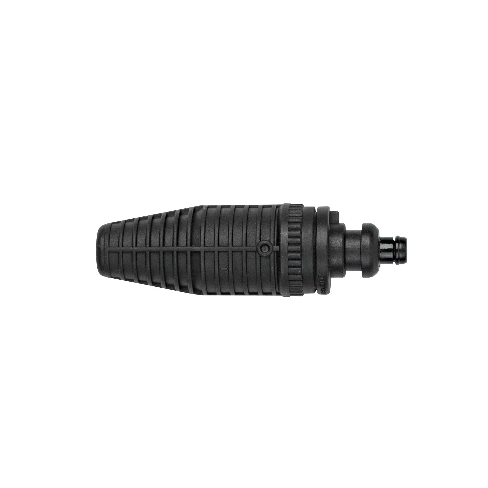 BLACKDECKER BW15 black ribbed pressure washer nozzle, side angle on white background.