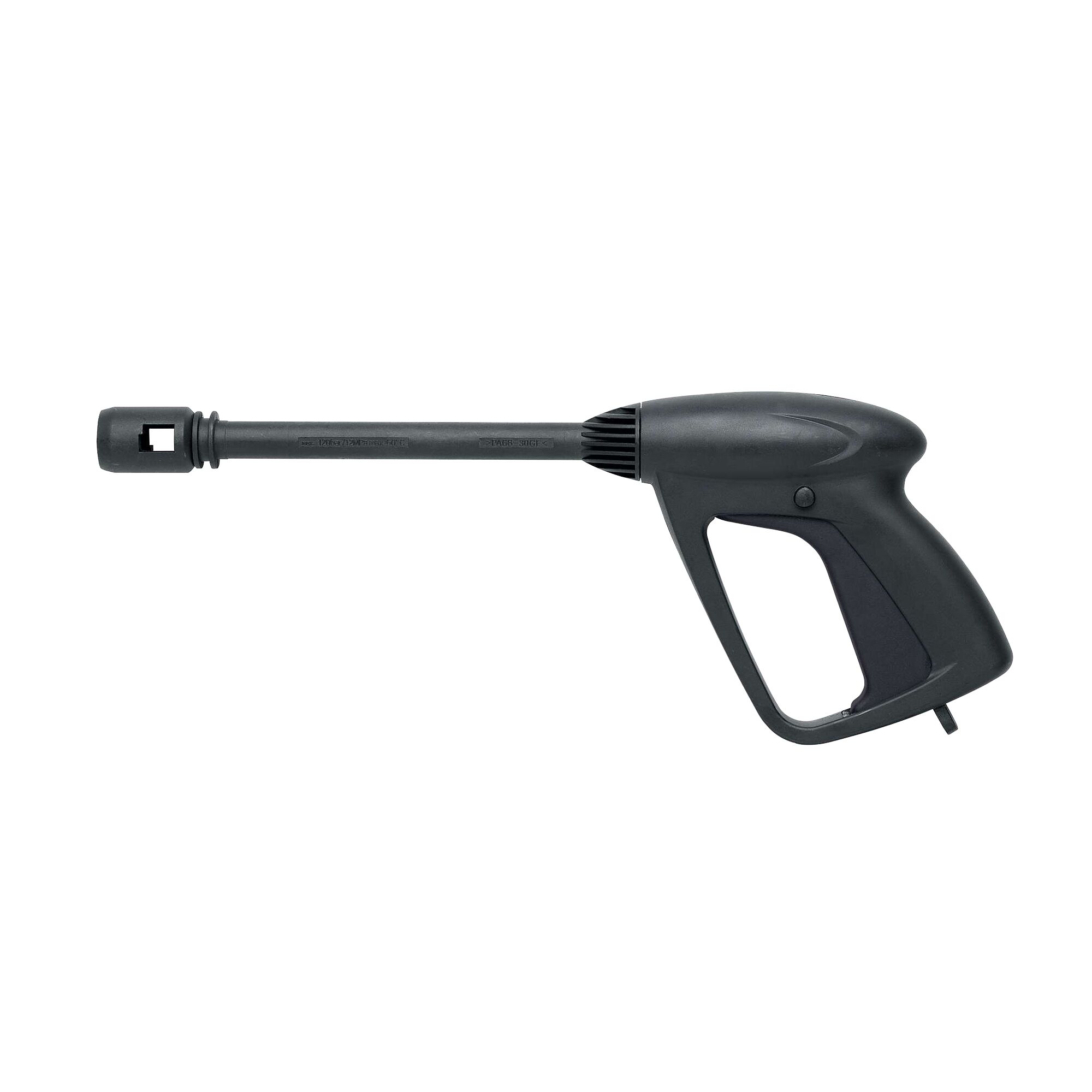 BLACKDECKER BW15 black pressure washer spray gun, side view on white background.