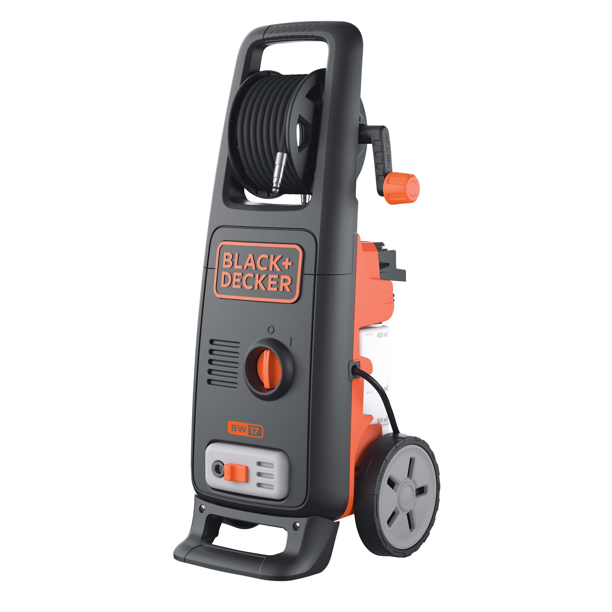 BLACKDECKER BW17 pressure washer, black and orange, upright front angle with hose reel and wheels.