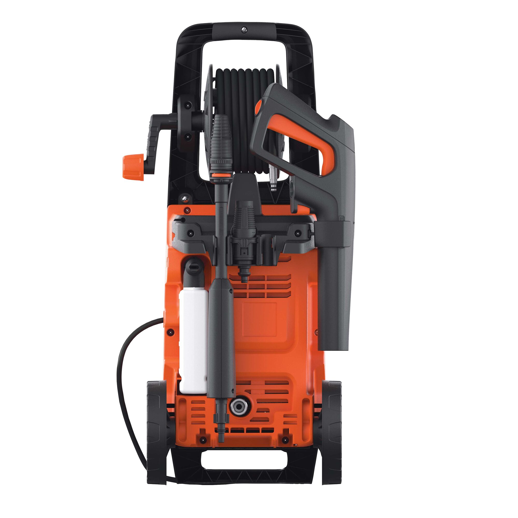BLACKDECKER BW17 orange and black pressure washer front view with hose and spray gun.