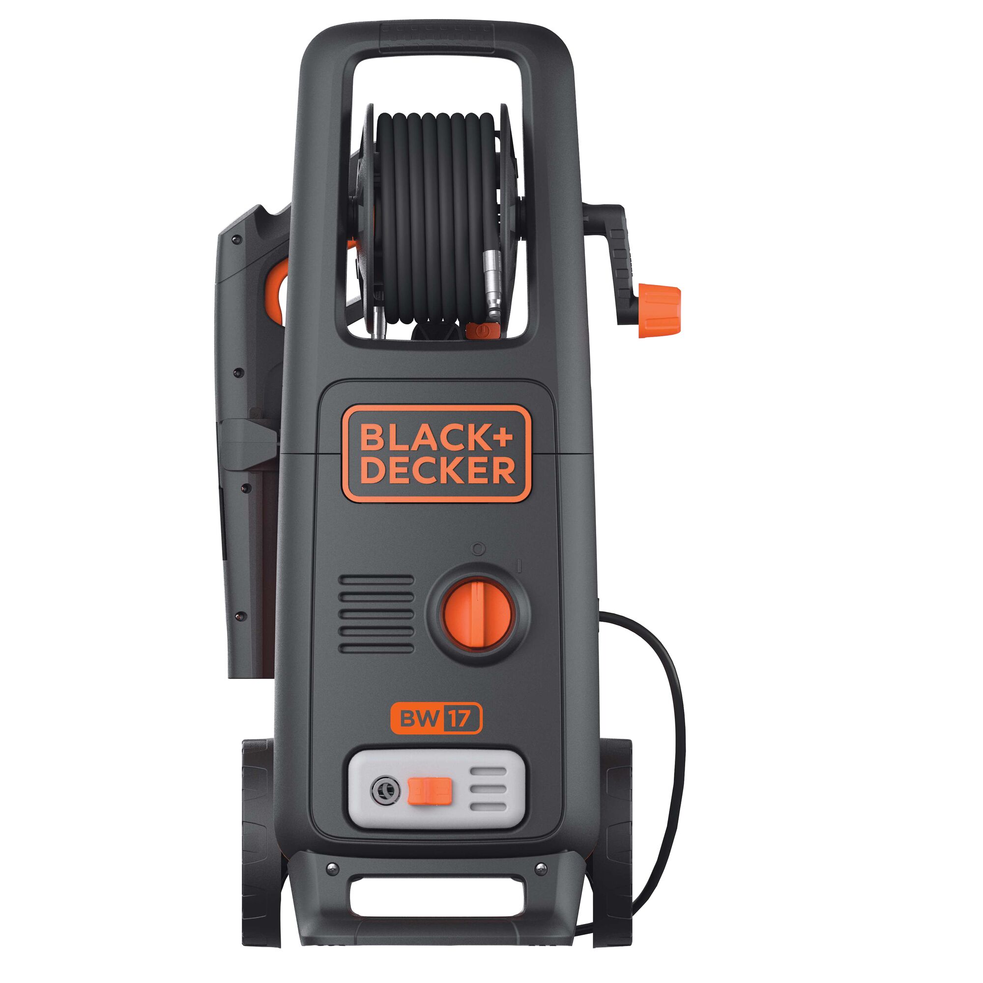 BLACK+DECKER BW17 pressure washer front angle, grey and orange with hose reel and control knob.