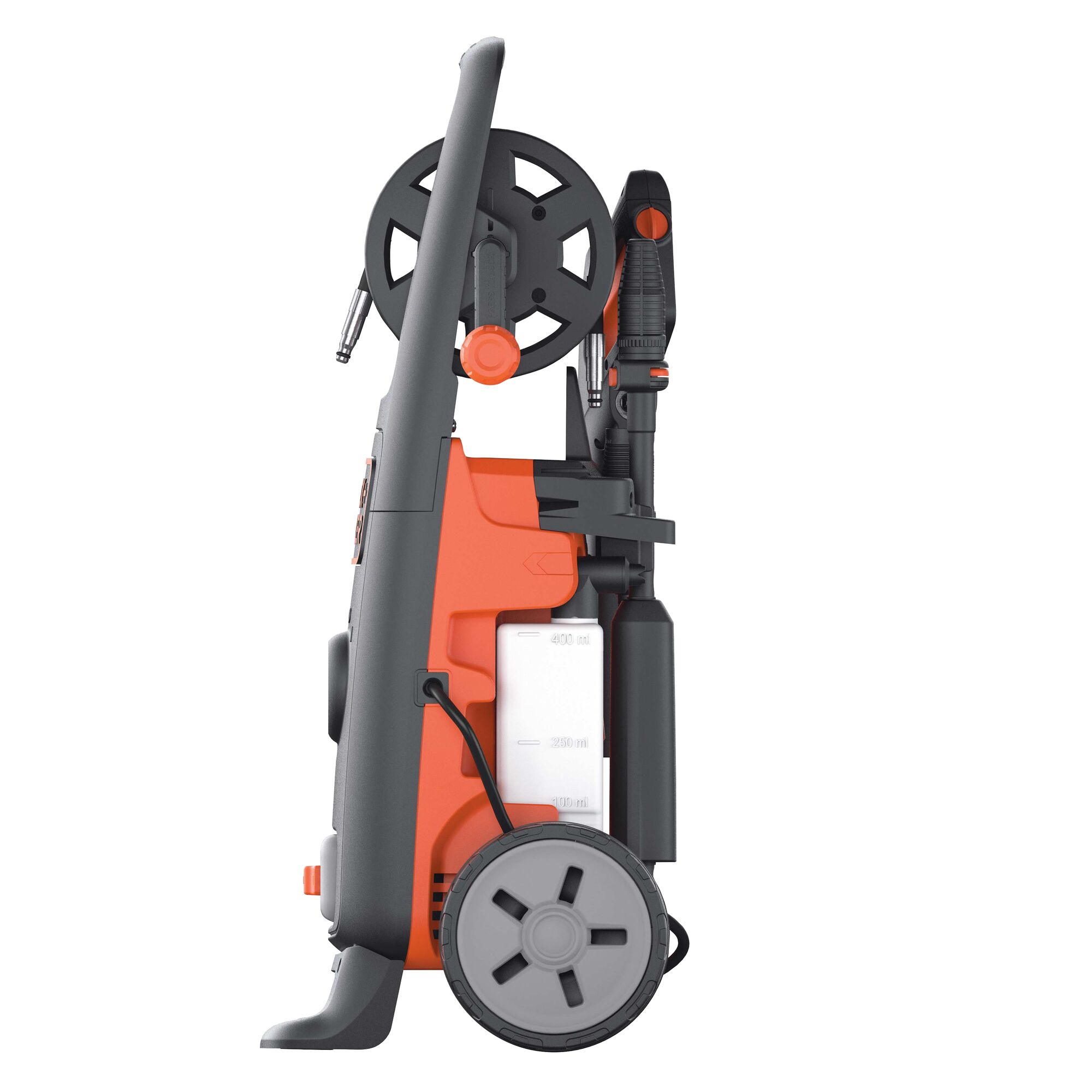 BLACKDECKER BW17 pressure washer, side angle, orange and black body, large wheels and hose reel.