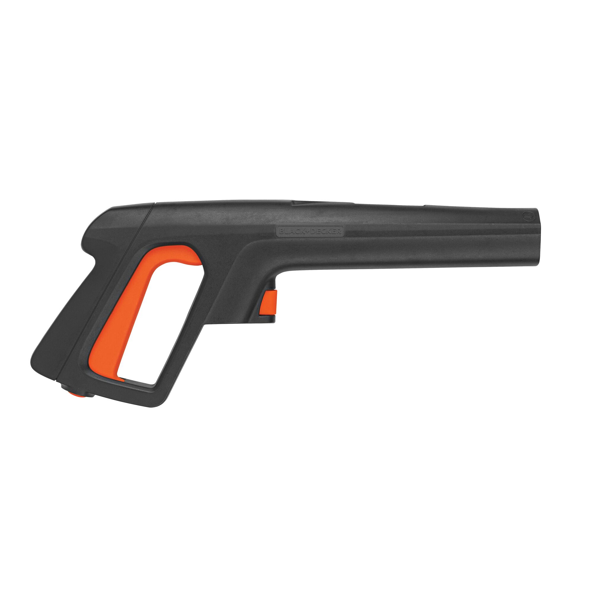 BLACKDECKER BW17 pressure washer spray gun, black and orange, side view on white background.