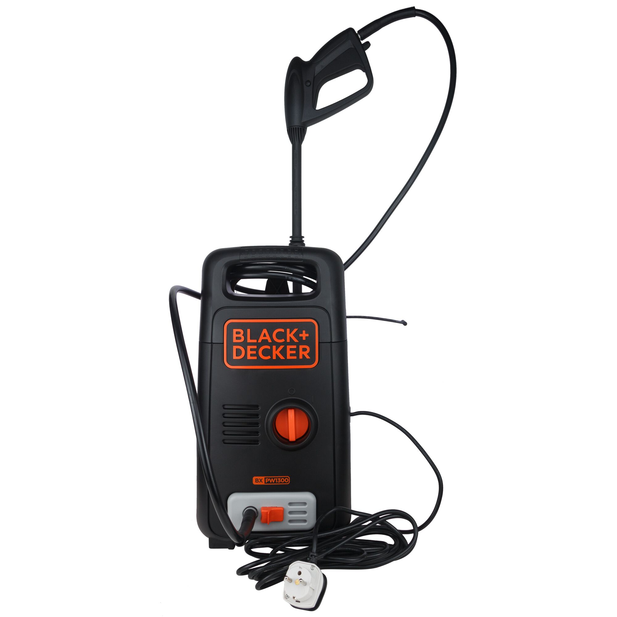 BLACK+DECKER BXPW1300E black electric pressure washer front angle with hose and power cord visible.