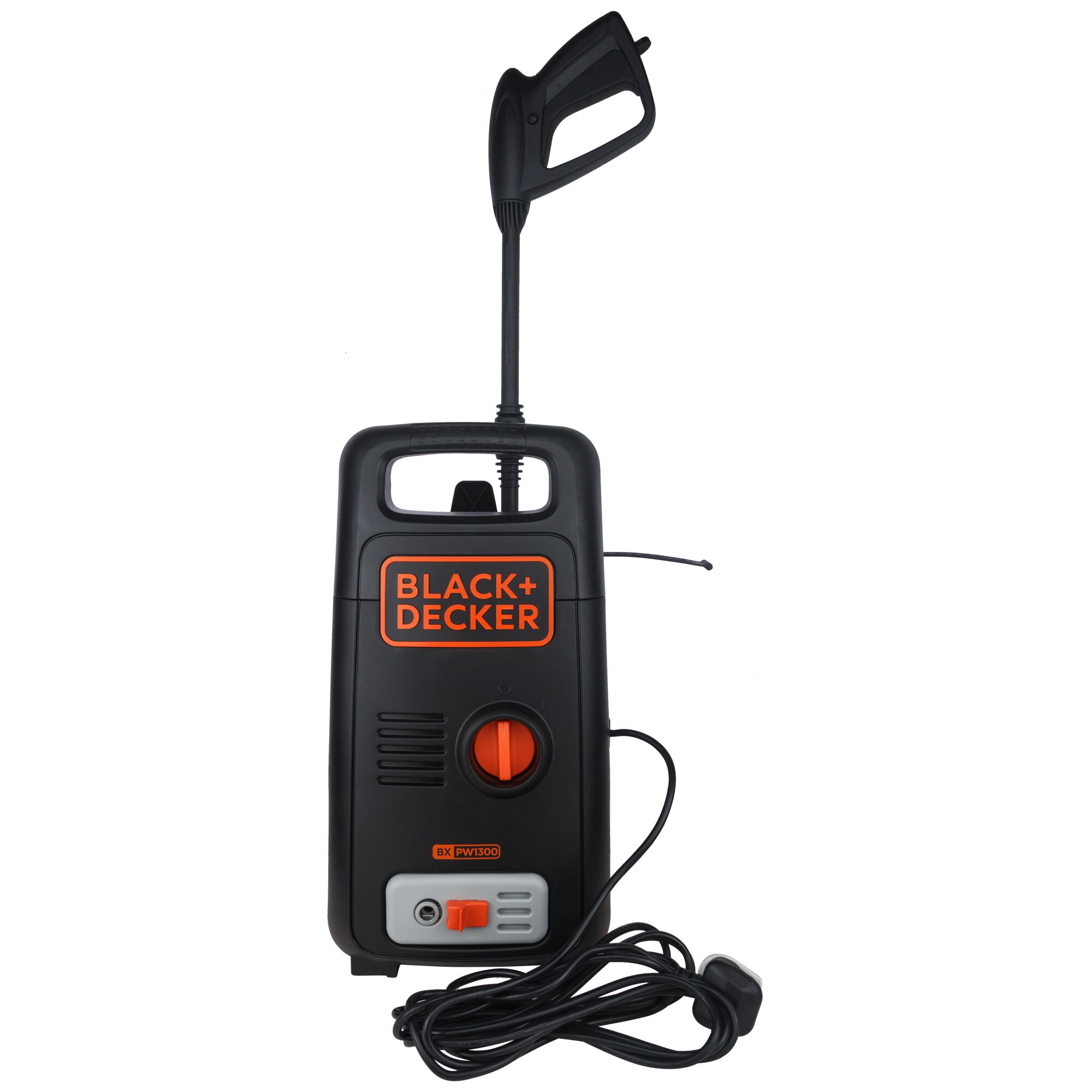 BLACK+DECKER BXPW1300E black compact pressure washer, front angle with attached power cord.