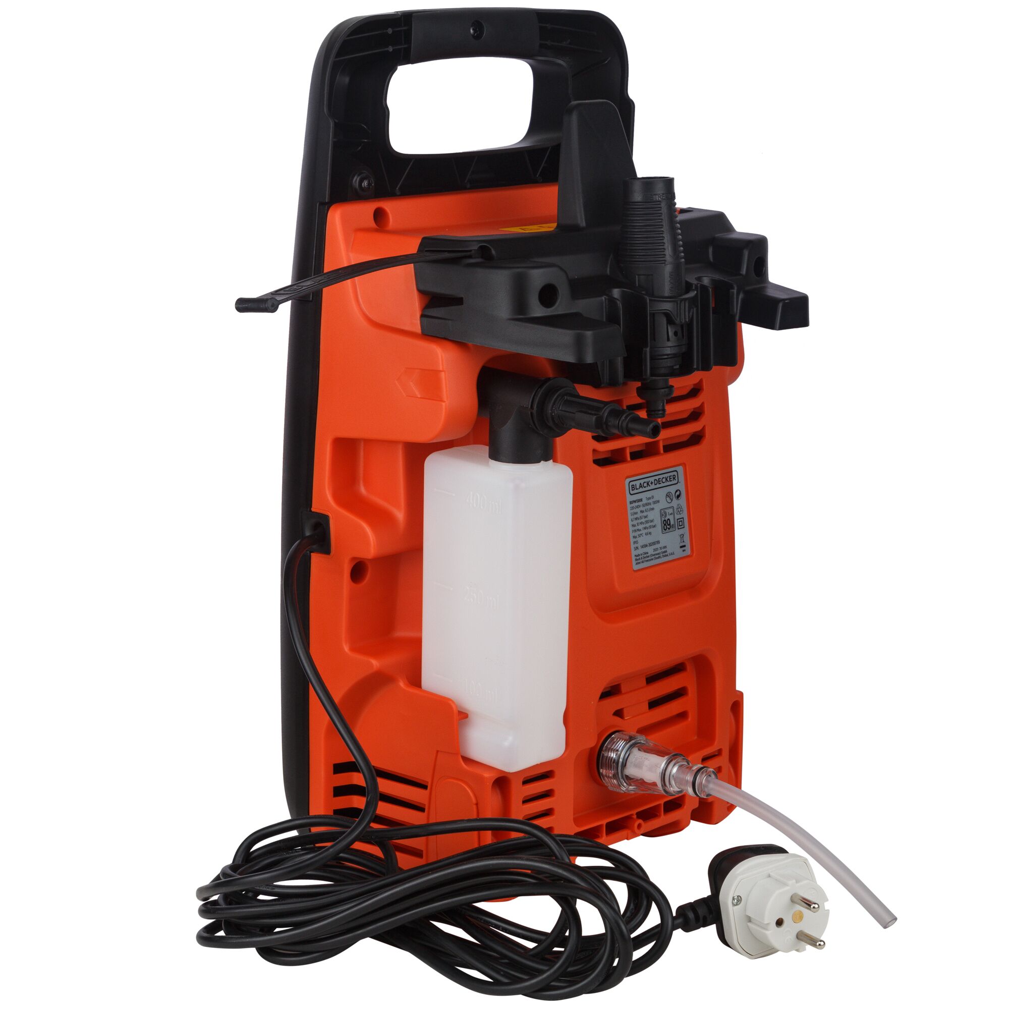 BLACKDECKER BXPW1300E orange pressure washer rear angle, cord and detergent bottle visible.