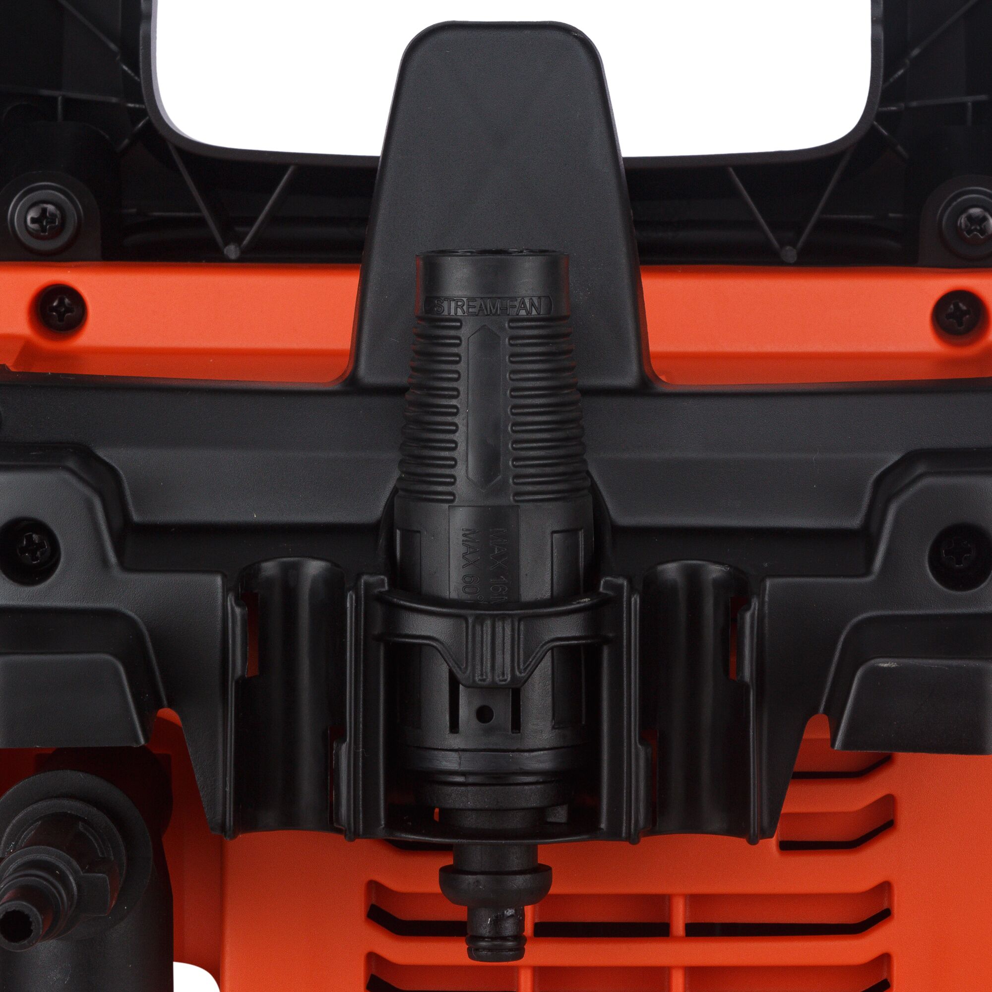 BLACKDECKER BXPW1300E pressure washer nozzle close-up, black and orange, straight angle.