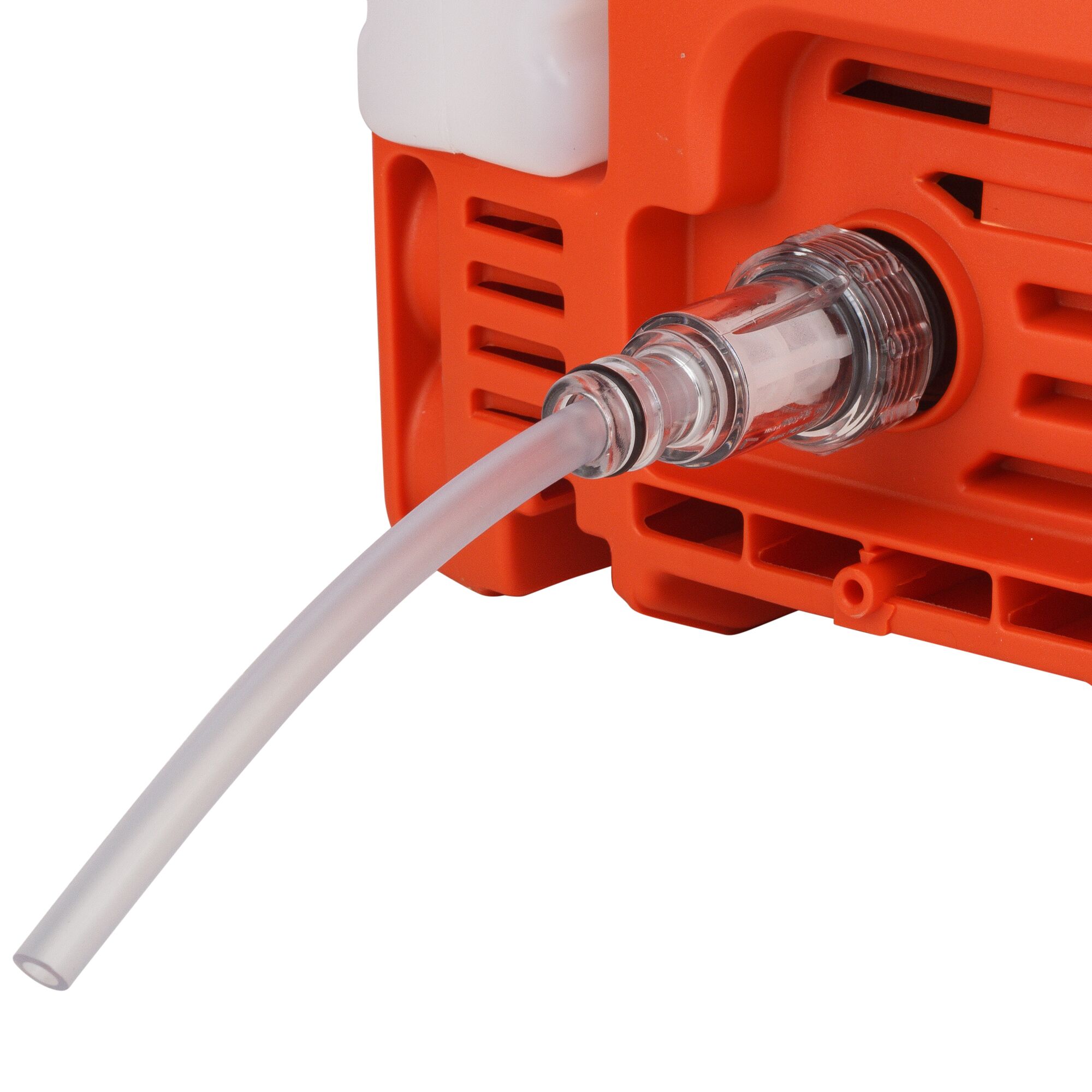 BLACKDECKER BXPW1300E pressure washer close-up, showing clear hose connected to orange unit, white background.