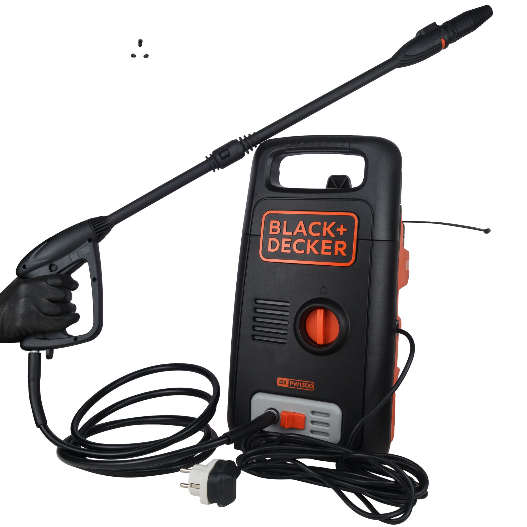 BLACK+DECKER BXPW1300E compact black and orange pressure washer with handle, hose, and power cord, front angle.