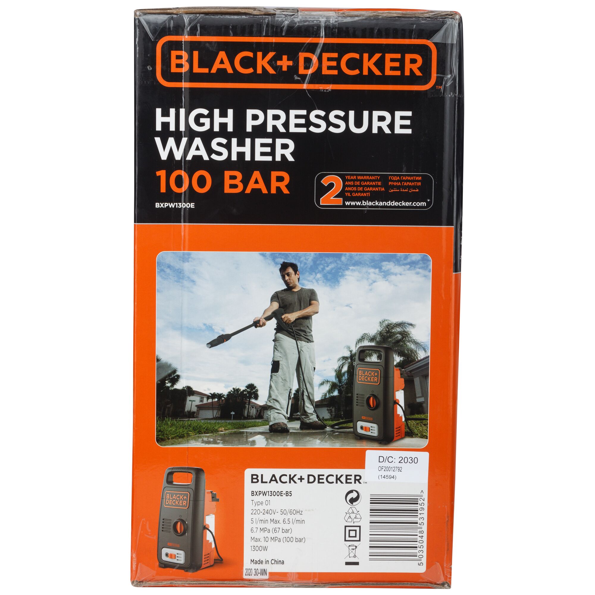 BLACK+DECKER BXPW1300E high pressure washer packaging front with product images and specifications.