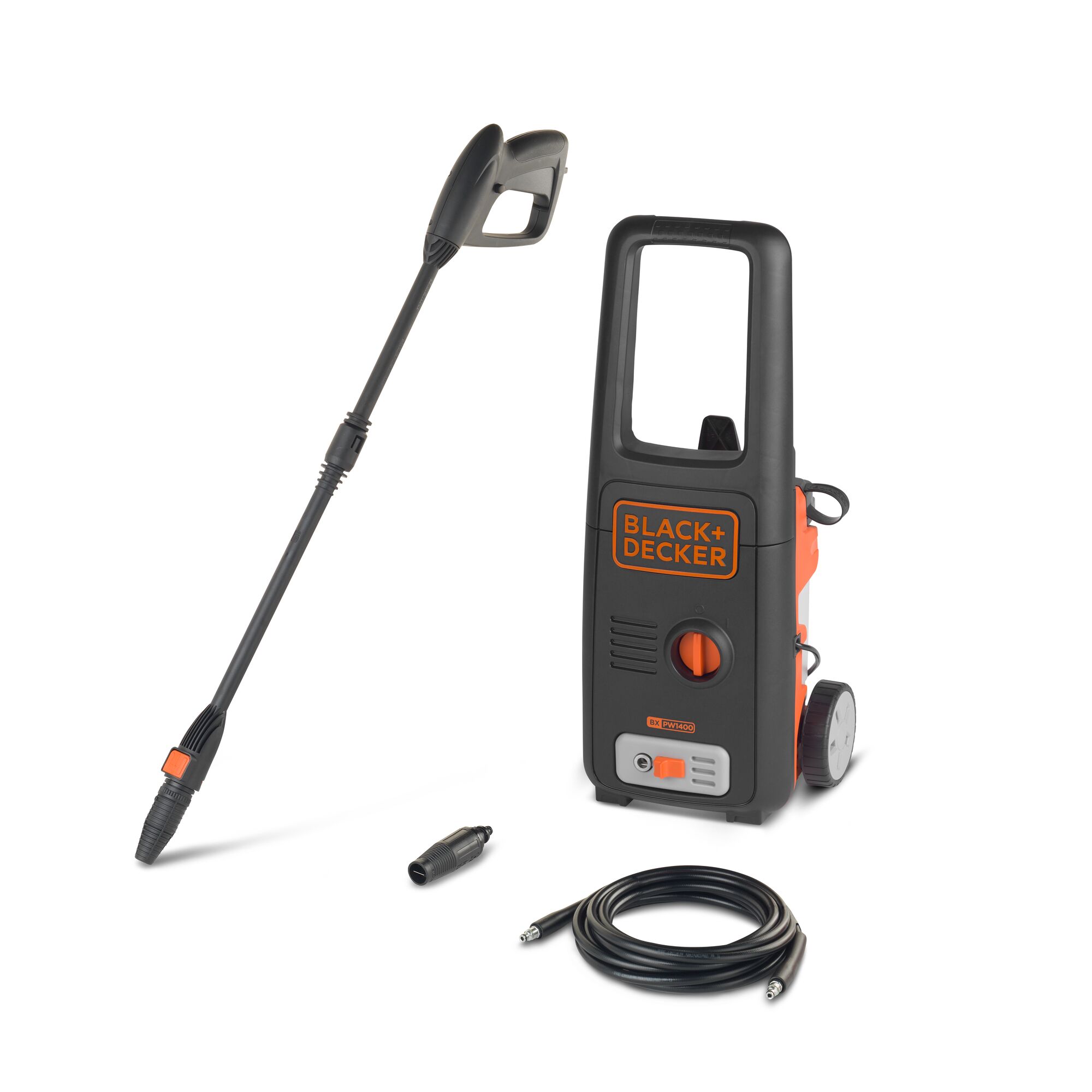 BLACK+DECKER BXPW1400E pressure washer with wand, hose, and nozzle, front angle, white background.