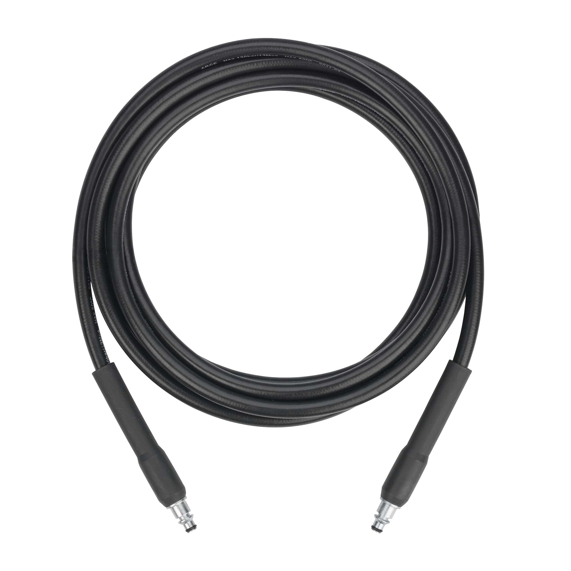 BLACKDECKER BXPW1400E black pressure washer hose with metal connectors, top view on white background.