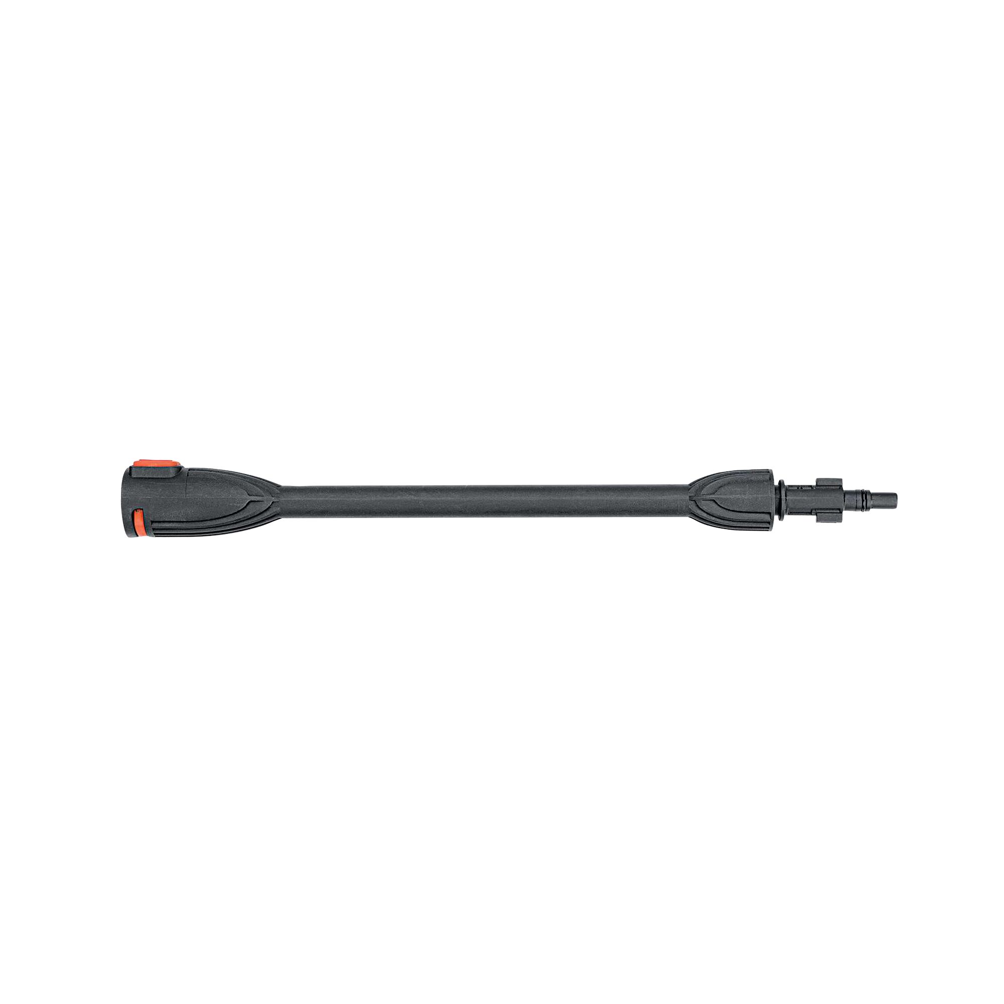 BLACK+DECKER BXPW1400E black pressure washer lance, straight angle, with orange accents, on white background.