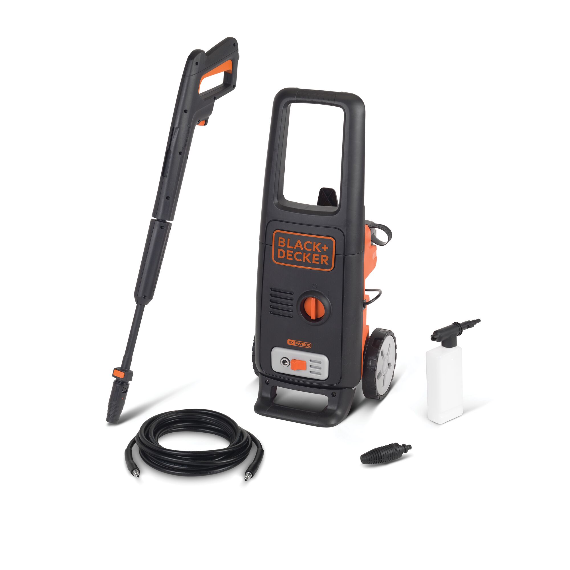 BLACK+DECKER high-pressure washer model BXPW1600E with accessories including a spray gun, a hose, a detergent bottle, and a nozzle, all displayed on a white background.