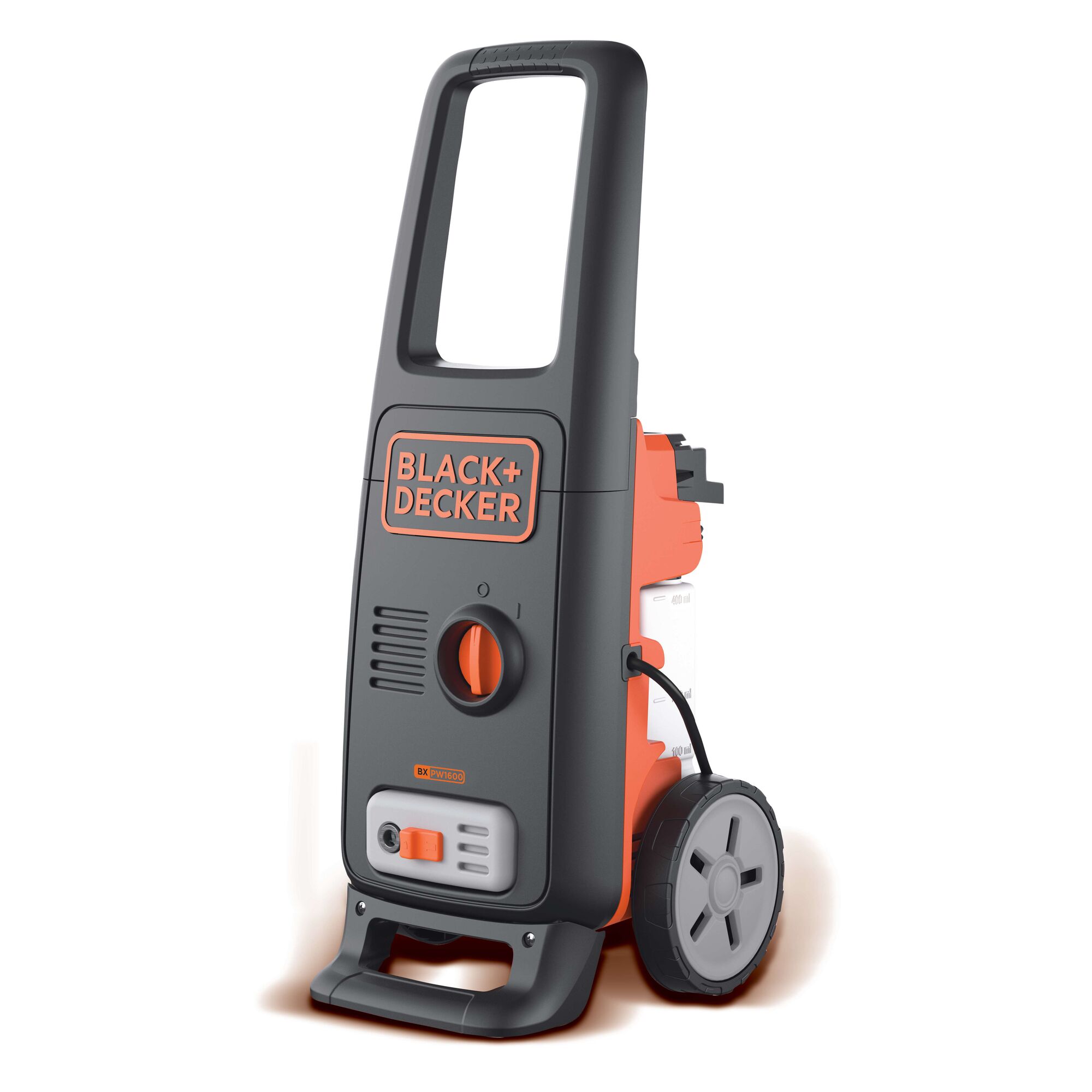 BLACK+DECKER BXPW1600E high-pressure washer, featuring a compact design with orange and black coloring, large handle, control knob, wheels for portability, and displayed on a white background.