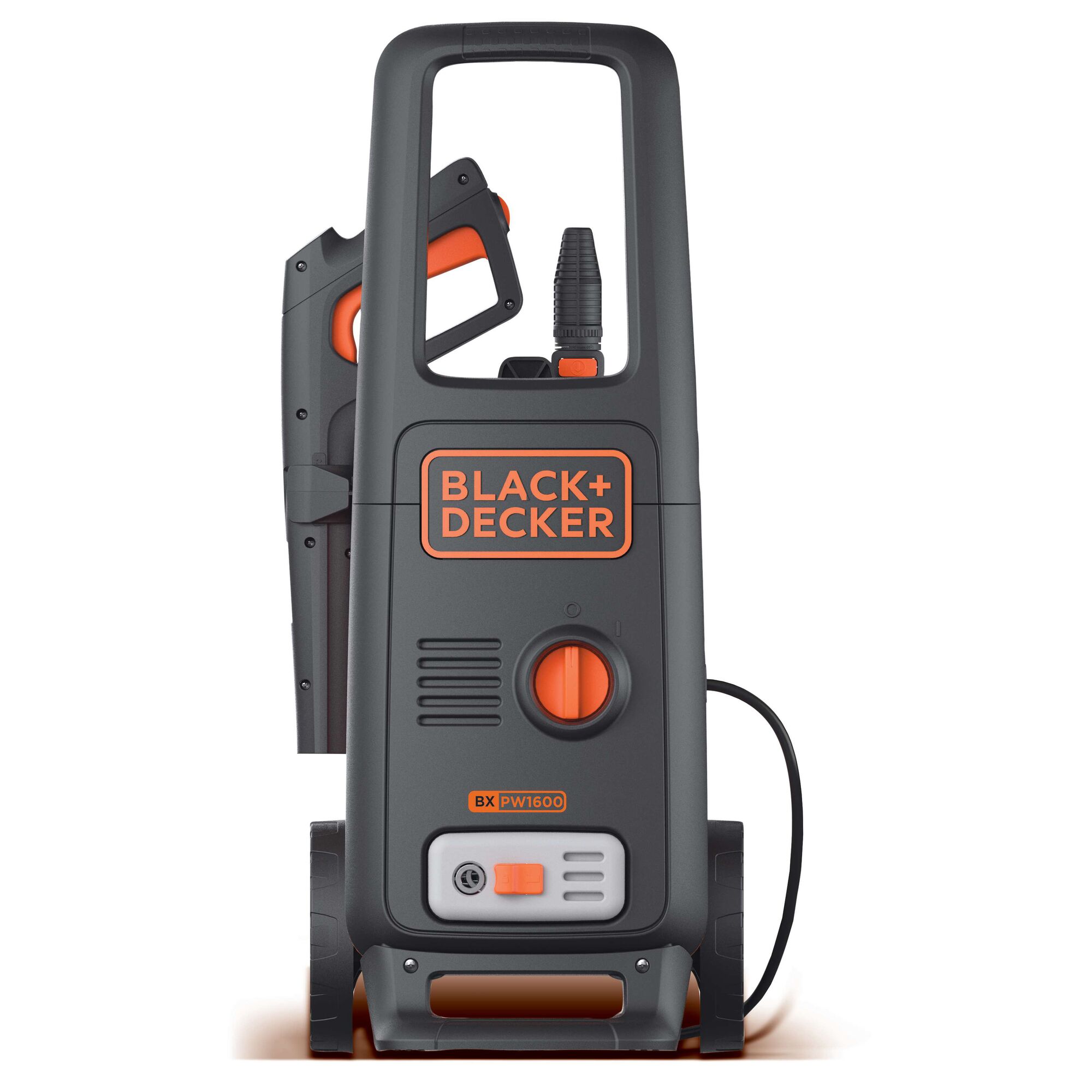 Front view of a BLACK+DECKER BXPW1600E pressure washer in black and orange, showing its handle, wheels, and attached hose.