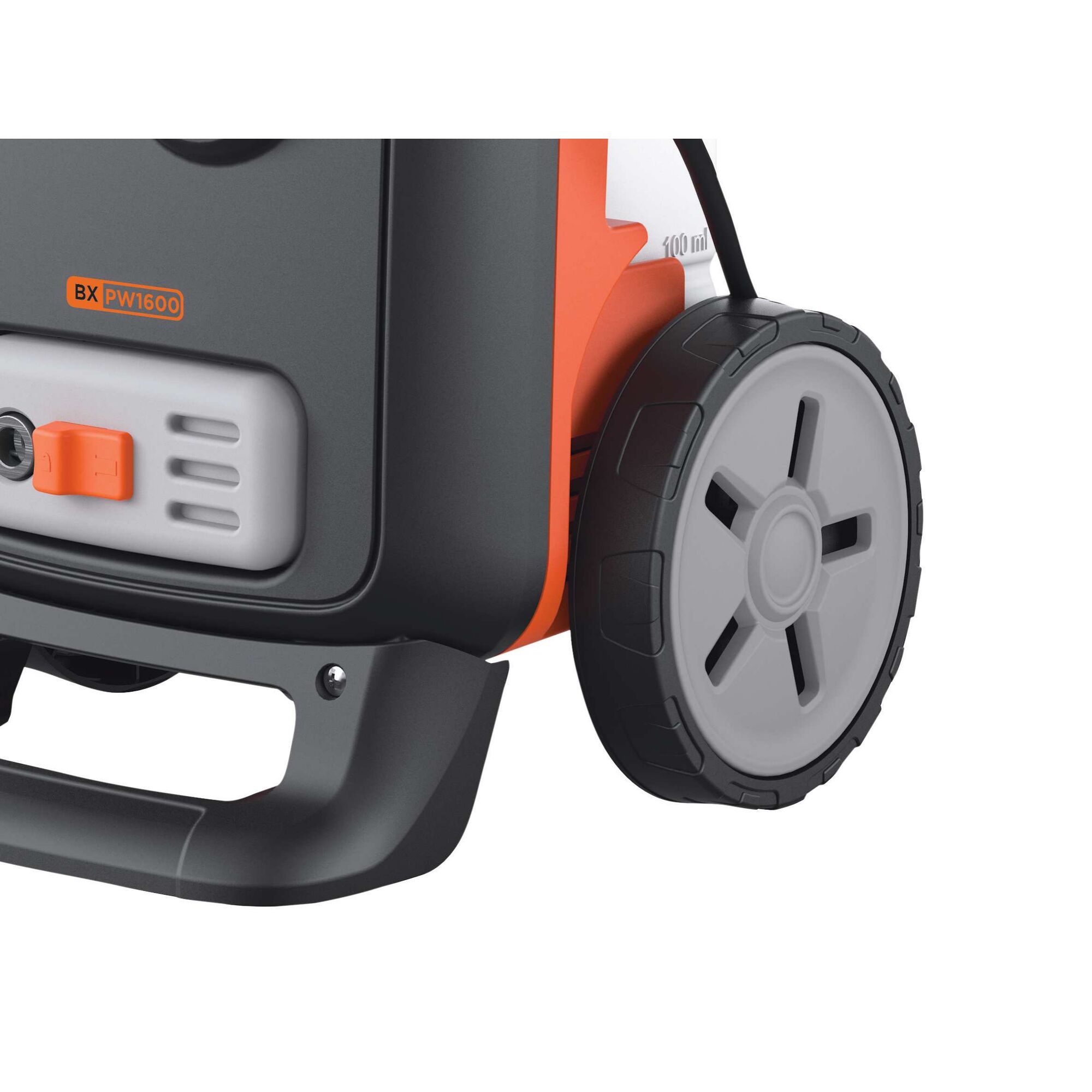 BLACK+DECKER BXPW1600E pressure washer close-up showing rear gray wheel, orange and black body, white background.