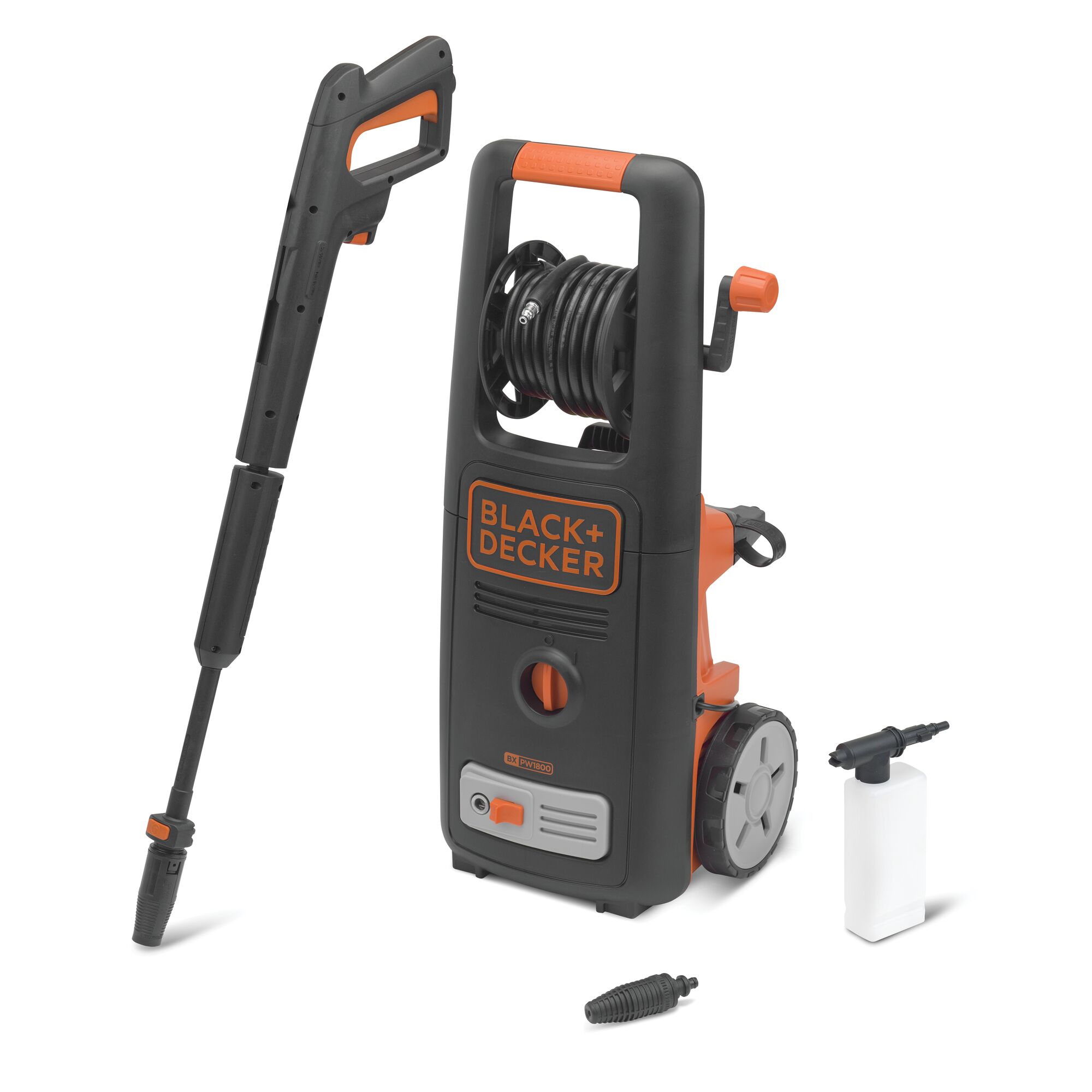 A BLACK+DECKER BXPW1800E high-pressure washer with accessories, including a spray gun, nozzle, and foam bottle, displayed against a white background.