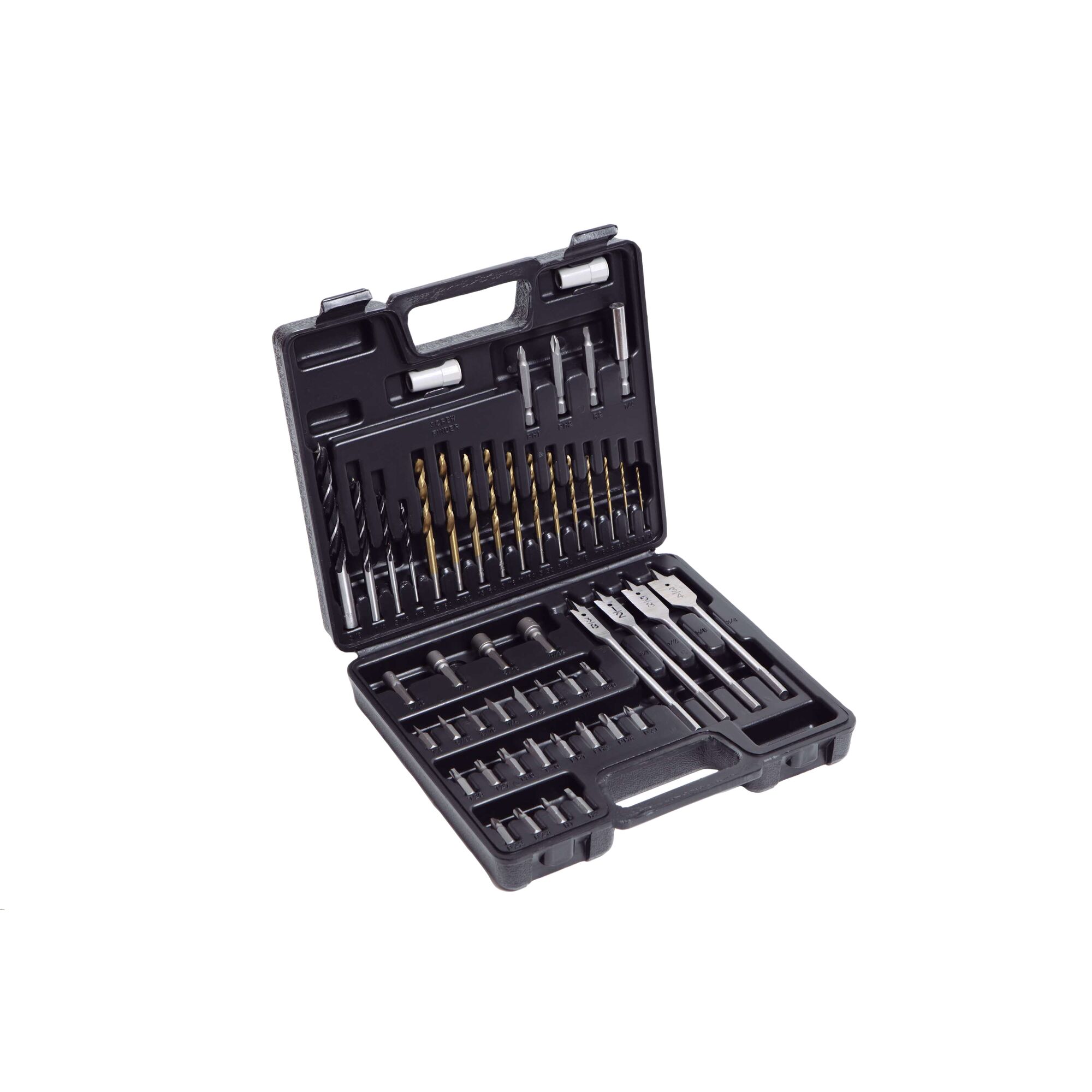 BLACKDECKER CD121K50 drill bit set in black case, open angled view showing assorted bits and accessories.
