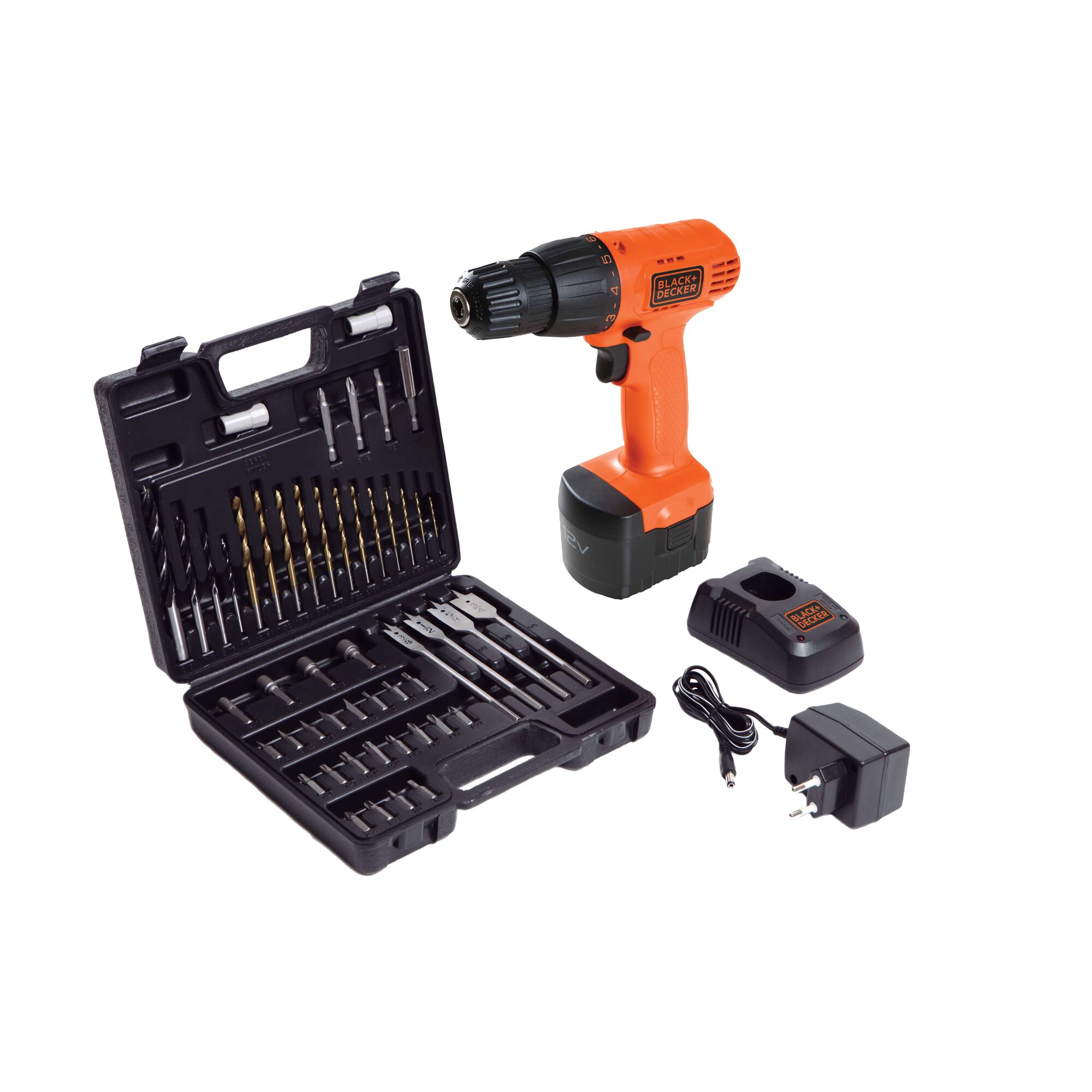 BLACKDECKER CD121K50 cordless drill with accessory kit, charger, and case, front angle on white background.