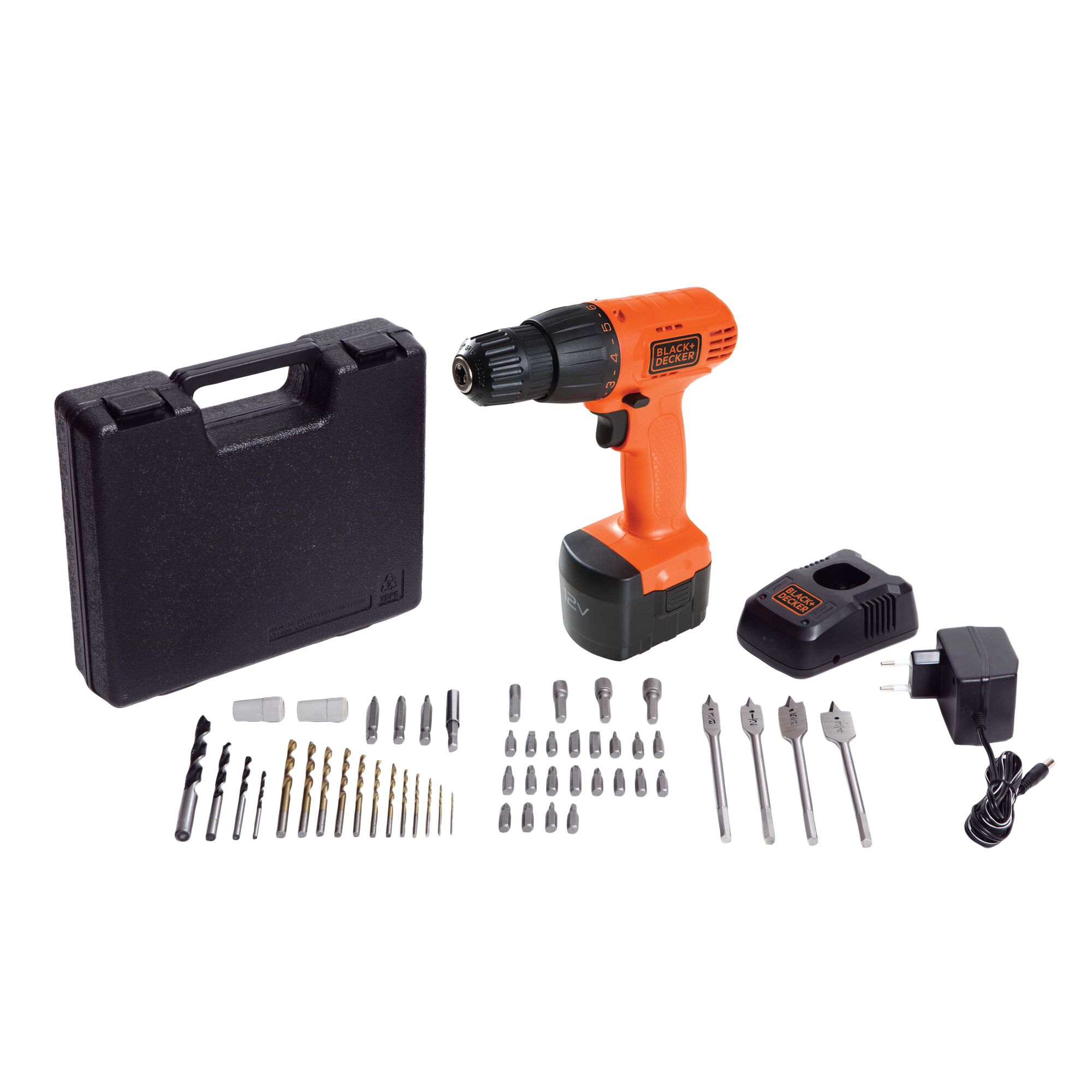 BLACKDECKER CD121K50 cordless drill set, orange and black, with drill bits, accessories, charger and carrying case, front angle.