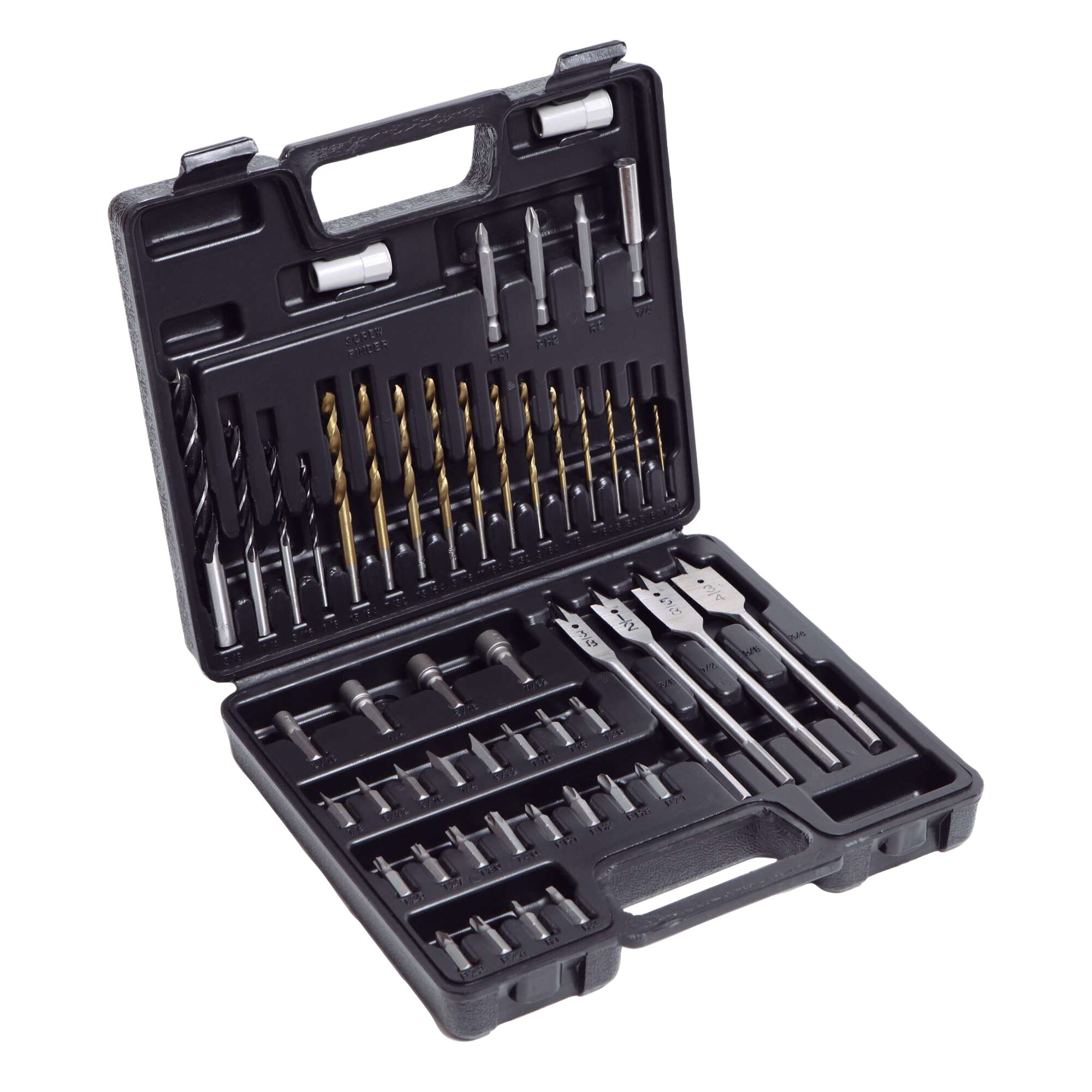BLACKDECKER CD121K50 drill and bit set in black plastic case, open to show various drill bits and screwdriver bits, angled view.