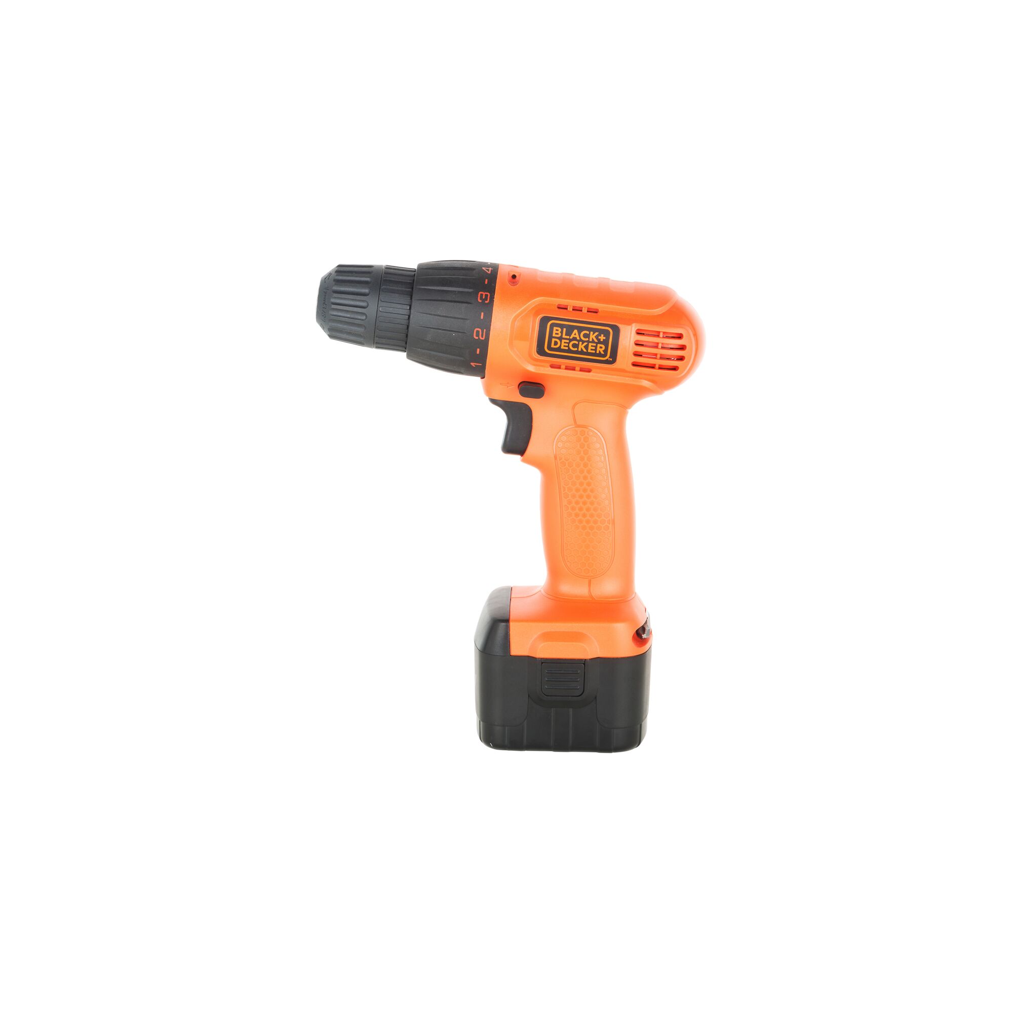 BLACK+DECKER cordless drill CD961K50, orange and black, side angle, on white background.