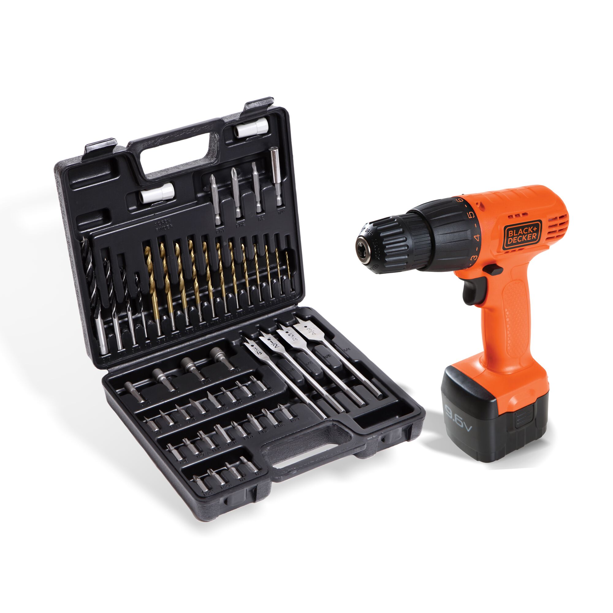 BLACKDECKER CD961K50 cordless drill with orange body and black bit set in open carrying case, front angle.