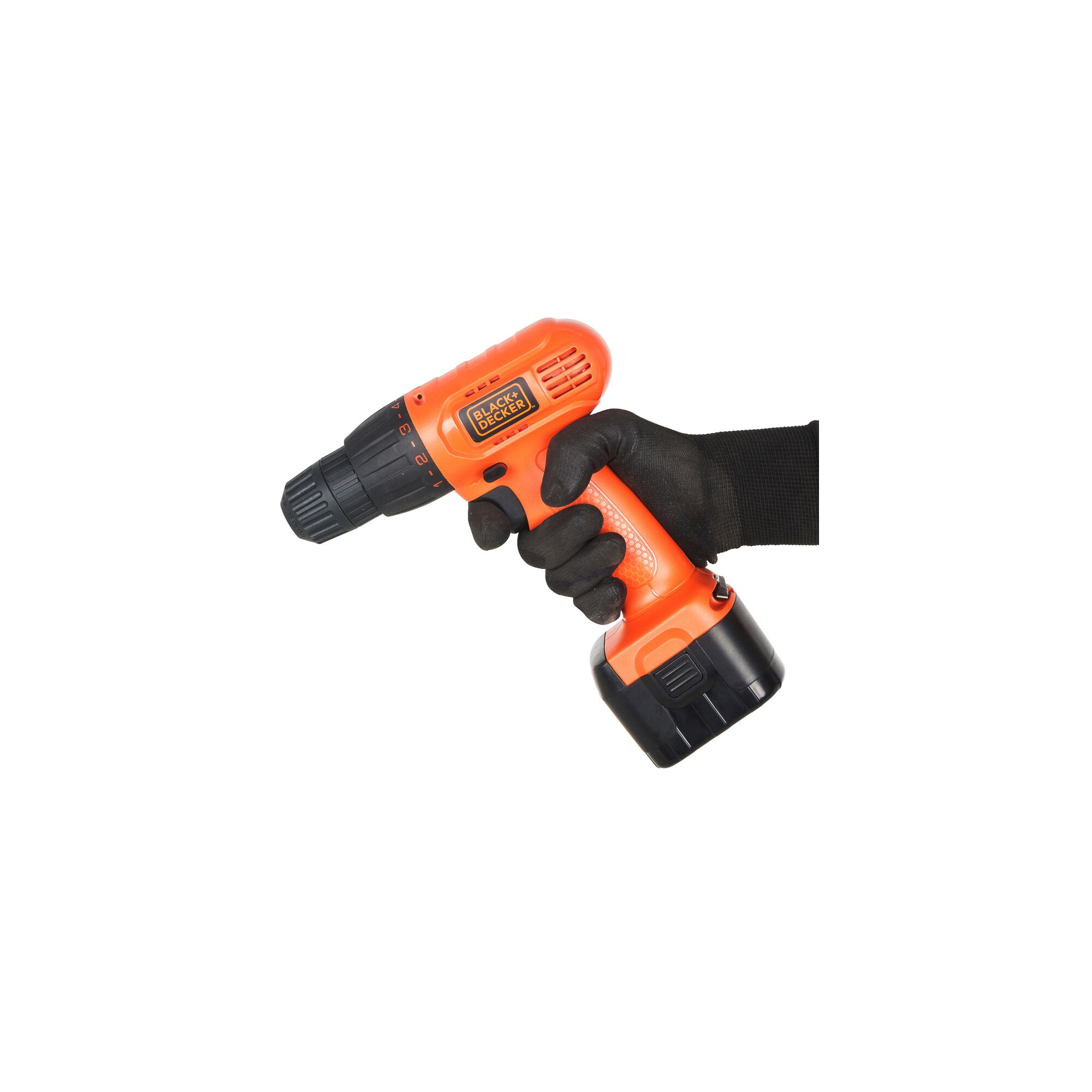 Photo of BLACKDECKER cordless drill CD961K50 held in gloved hand, side angle, orange and black design.