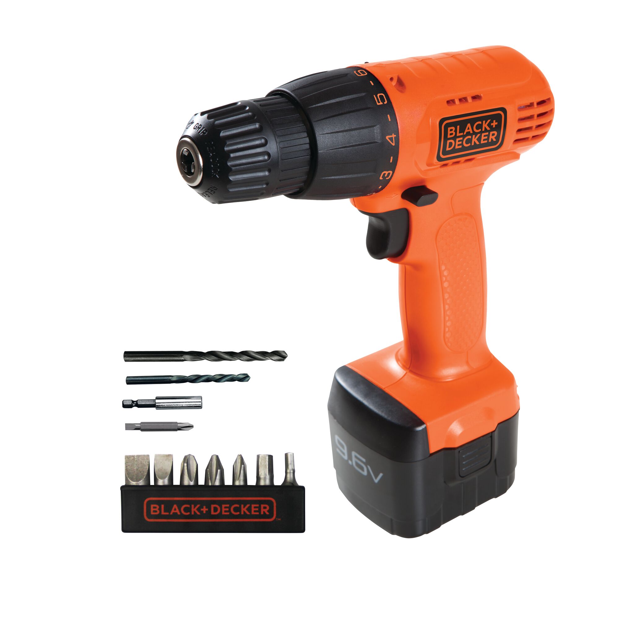 BLACK+DECKER CD961K cordless drill set with orange drill and accessory bits, front angle, white background.