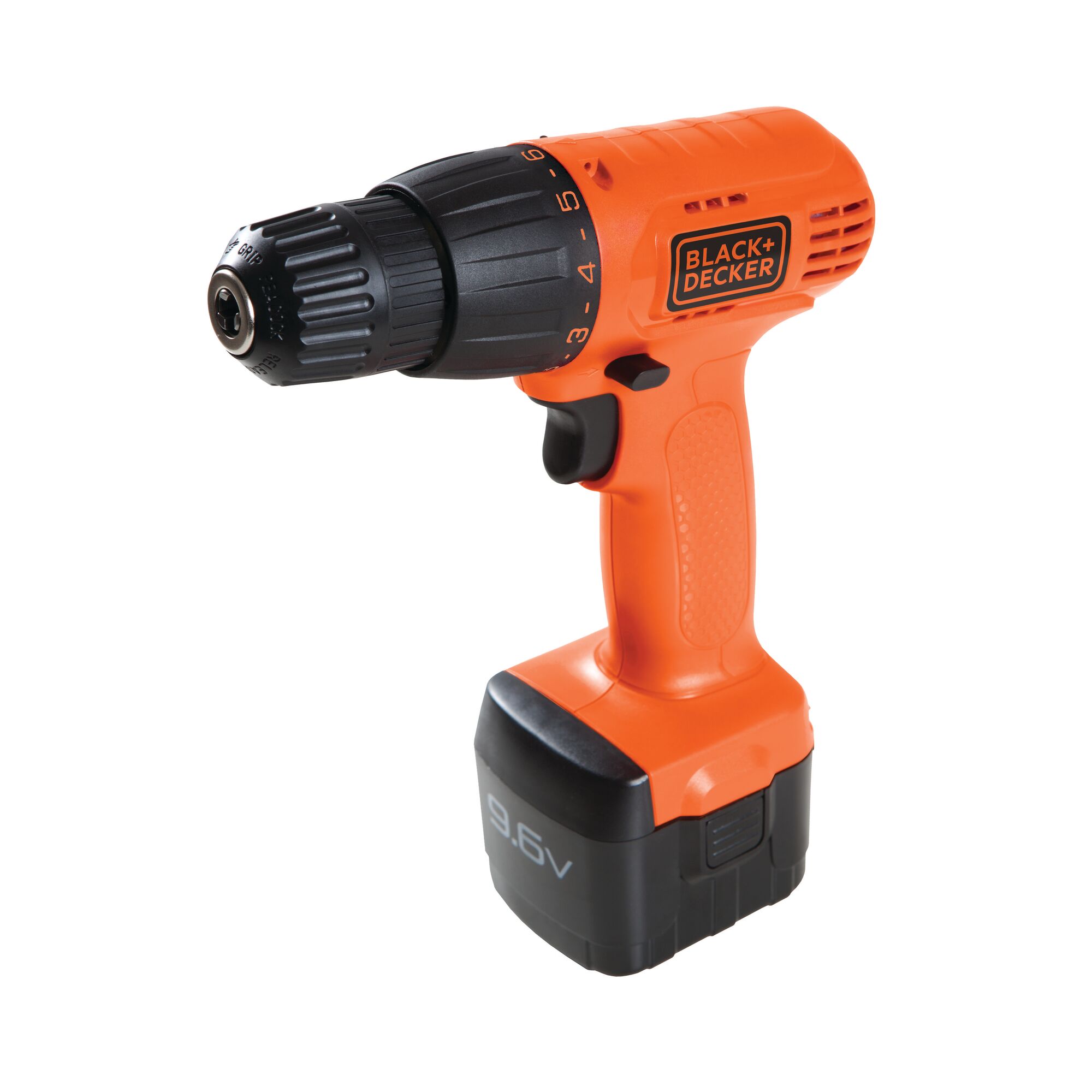 BLACKDECKER CD961 orange cordless drill with black grip and 9.6V battery, front-left angle on white background.