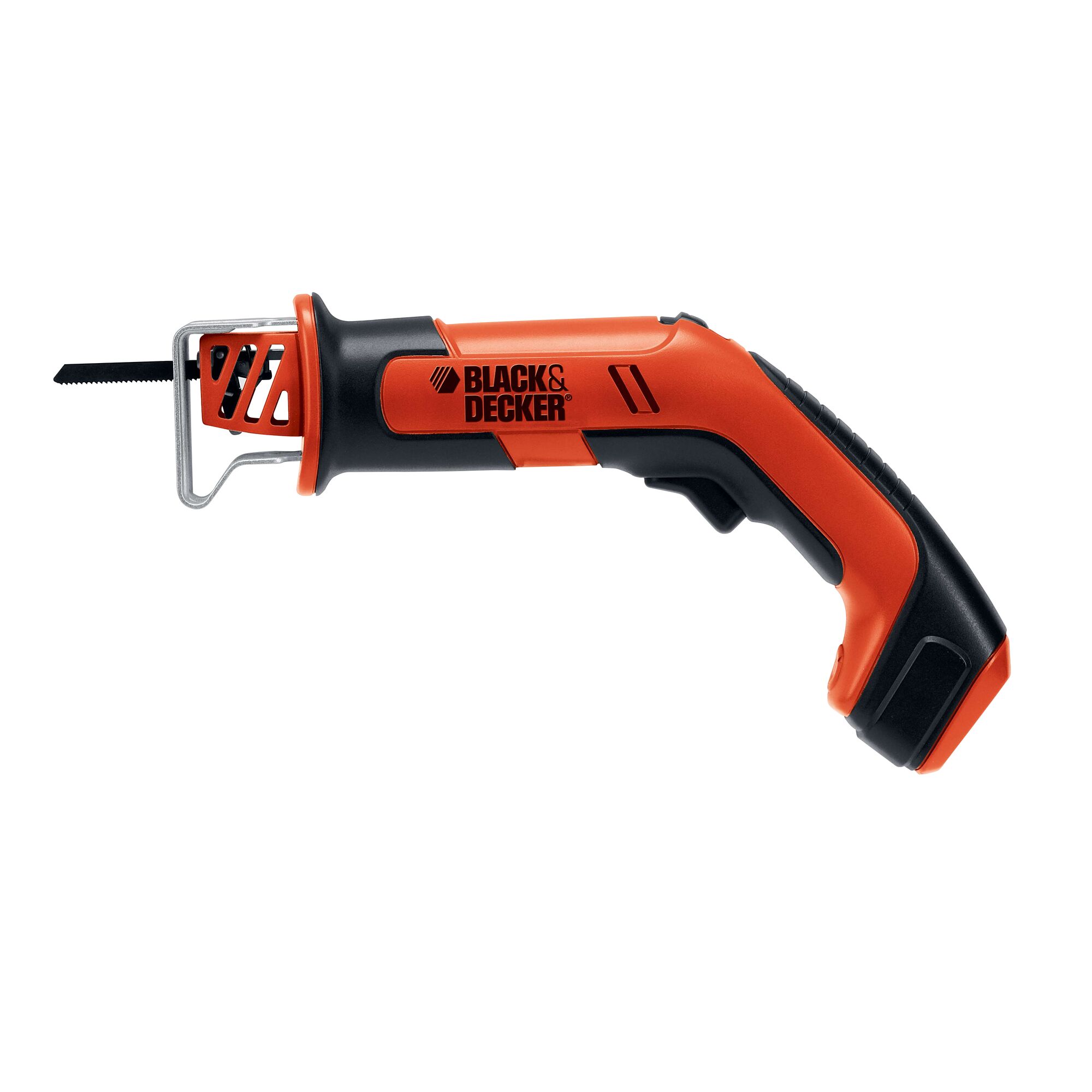 BLACK+DECKER CHS6000 orange and black cordless handheld saw, side view, white background.