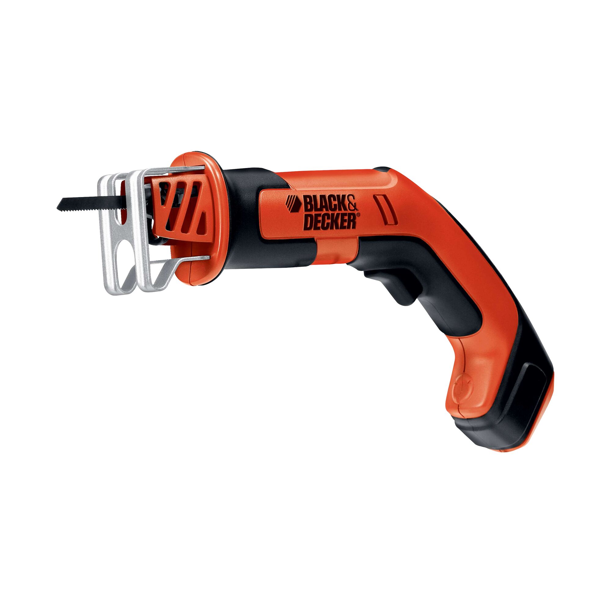 BLACK+DECKER CHS6000 cordless reciprocating saw, orange and black, right side angle, photography.