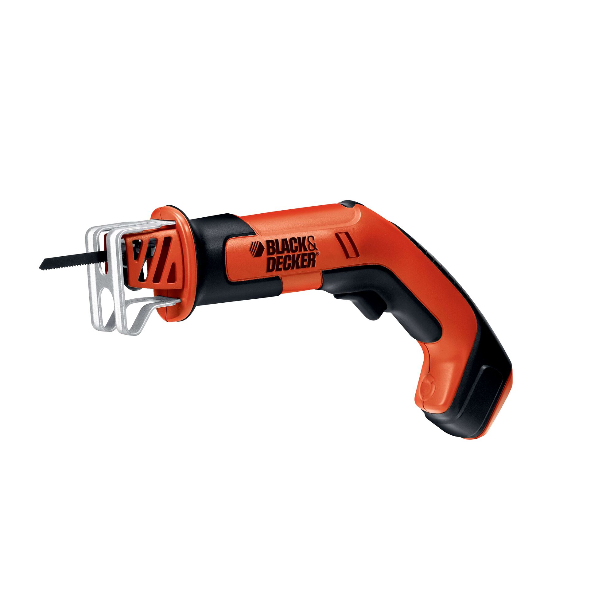 BLACKDECKER CHS6000 orange and black cordless hand saw, side angle, white background.