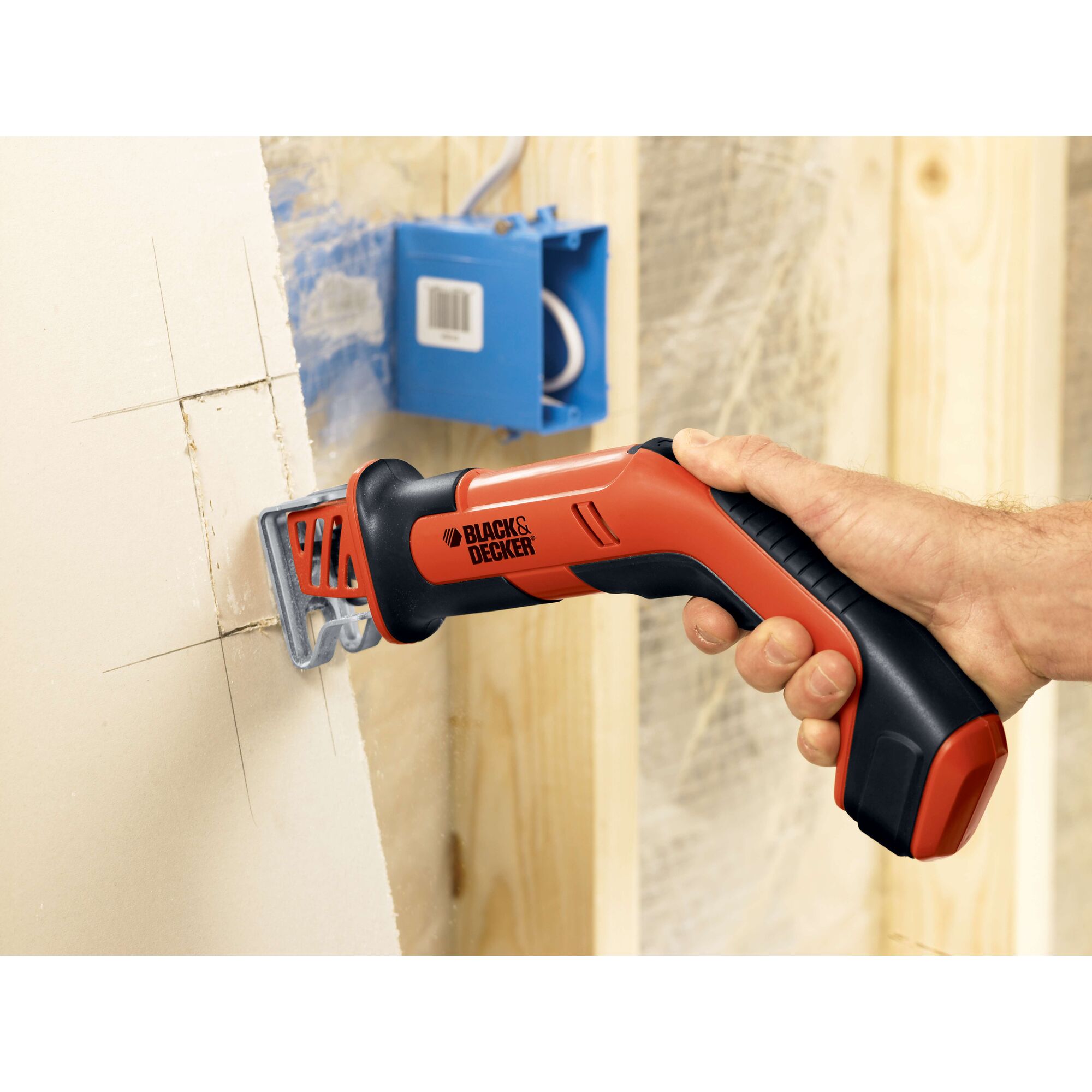 BLACKDECKER CHS6000 cordless drywall saw cutting wall, close-up photo