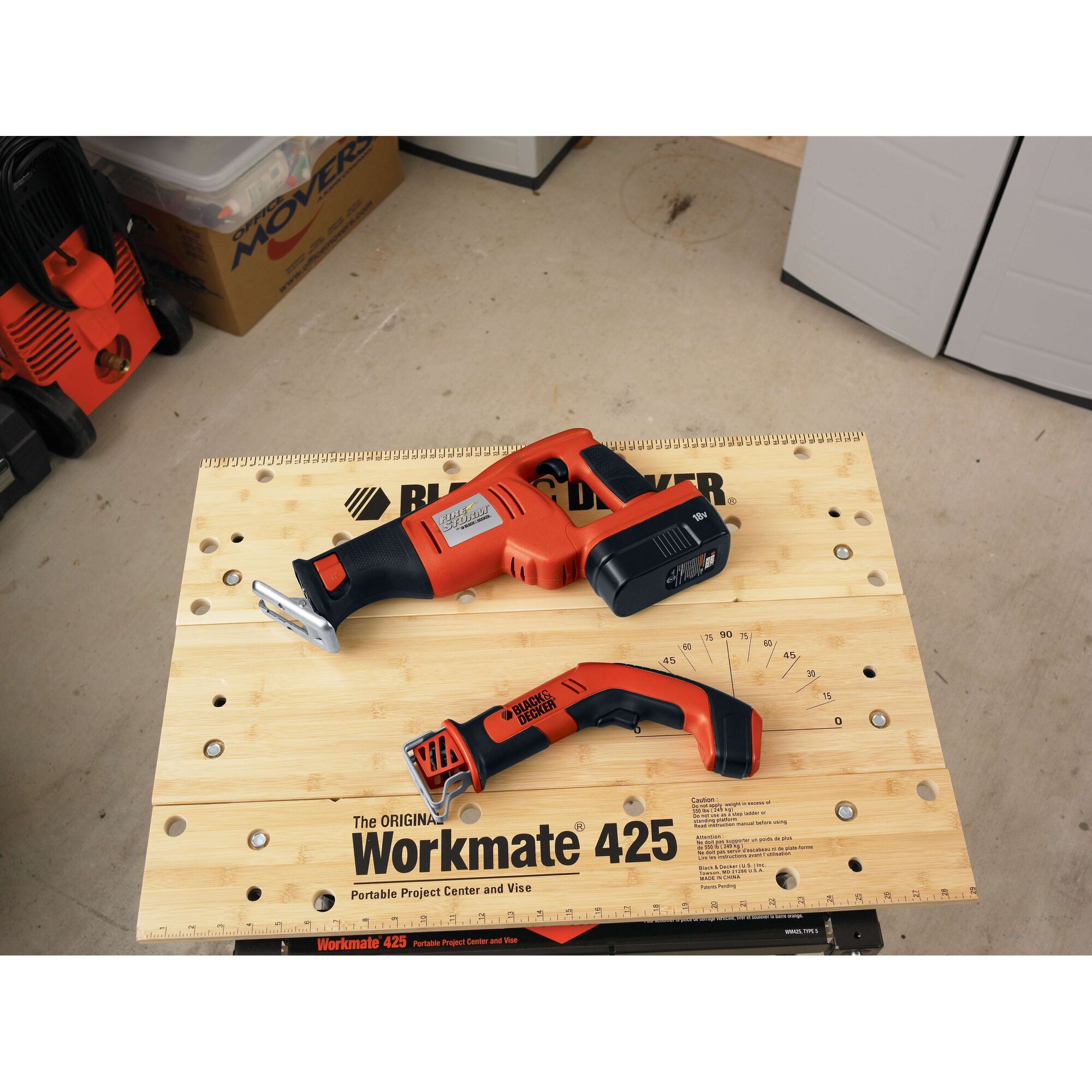 BLACKDECKER CHS6000 cordless cutting tool on Workmate 425 workbench, studio top angle.