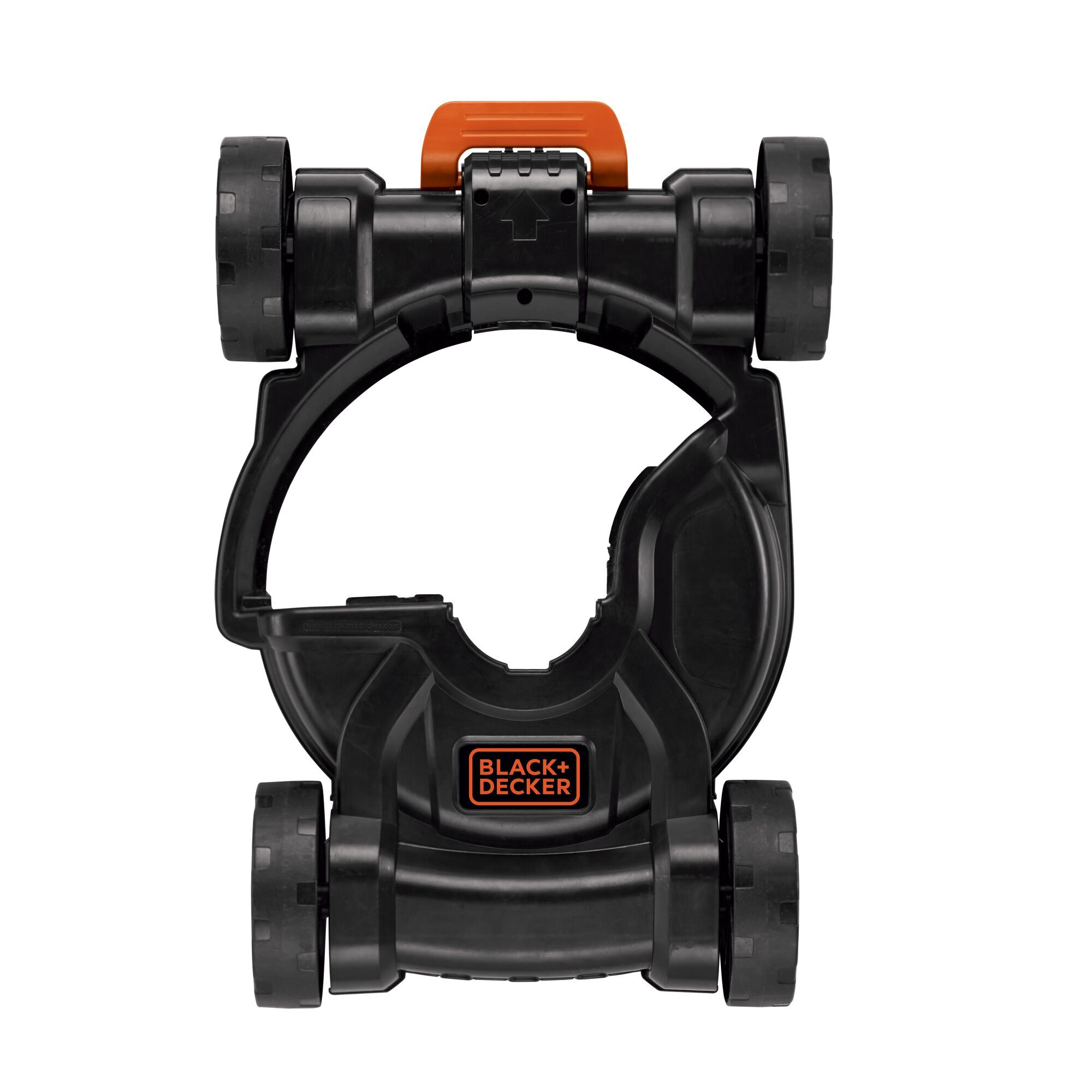 BLACK+DECKER CM100N lawn mower accessory, black and orange, top angle on white background.