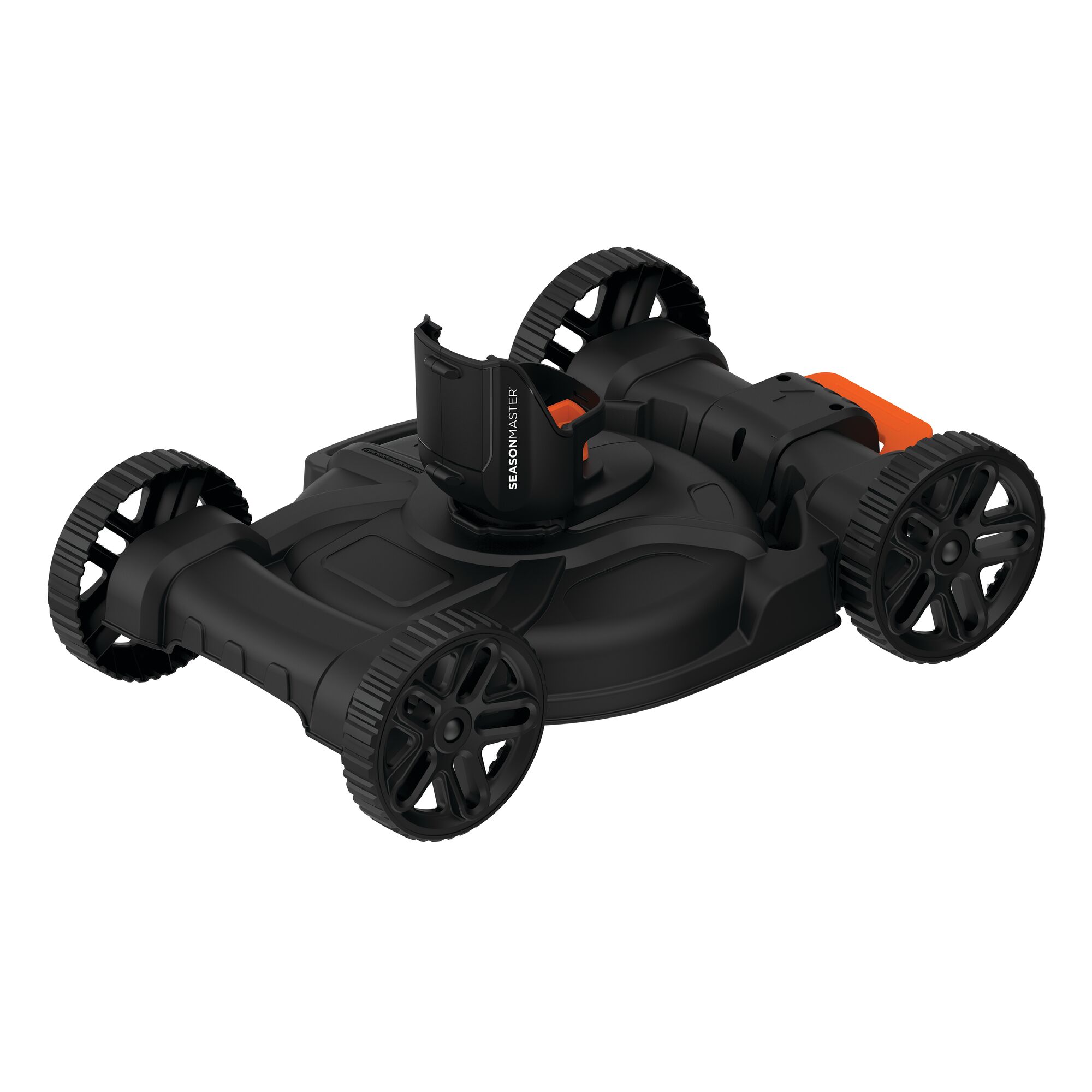 BLACKDECKER CM100 lawn mower base, black plastic, four wheels, angled on white background.