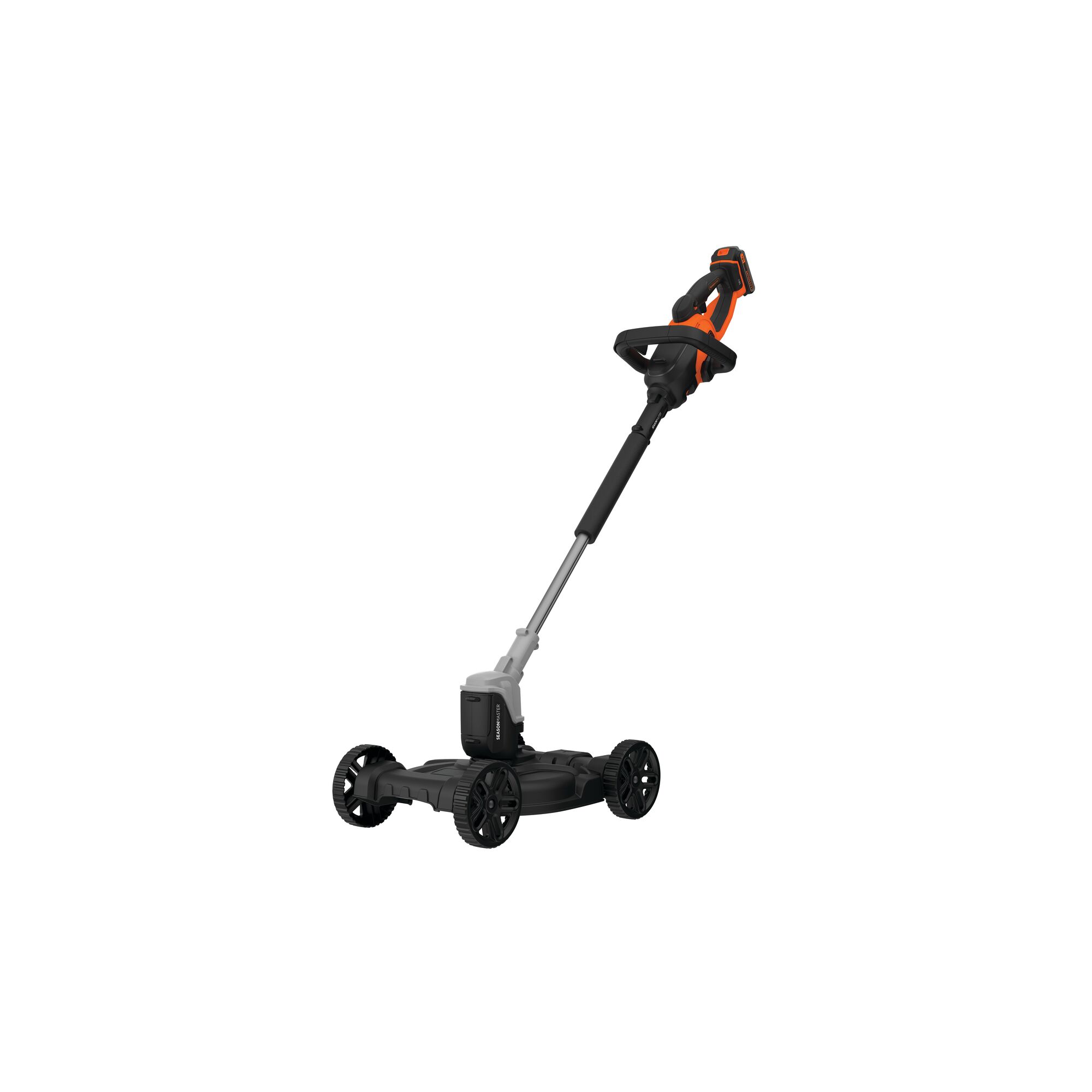 A BLACK+DECKER CM100 lawn mower accessory with four wheels and an adjustable handle, designed to convert a string trimmer into a mower.